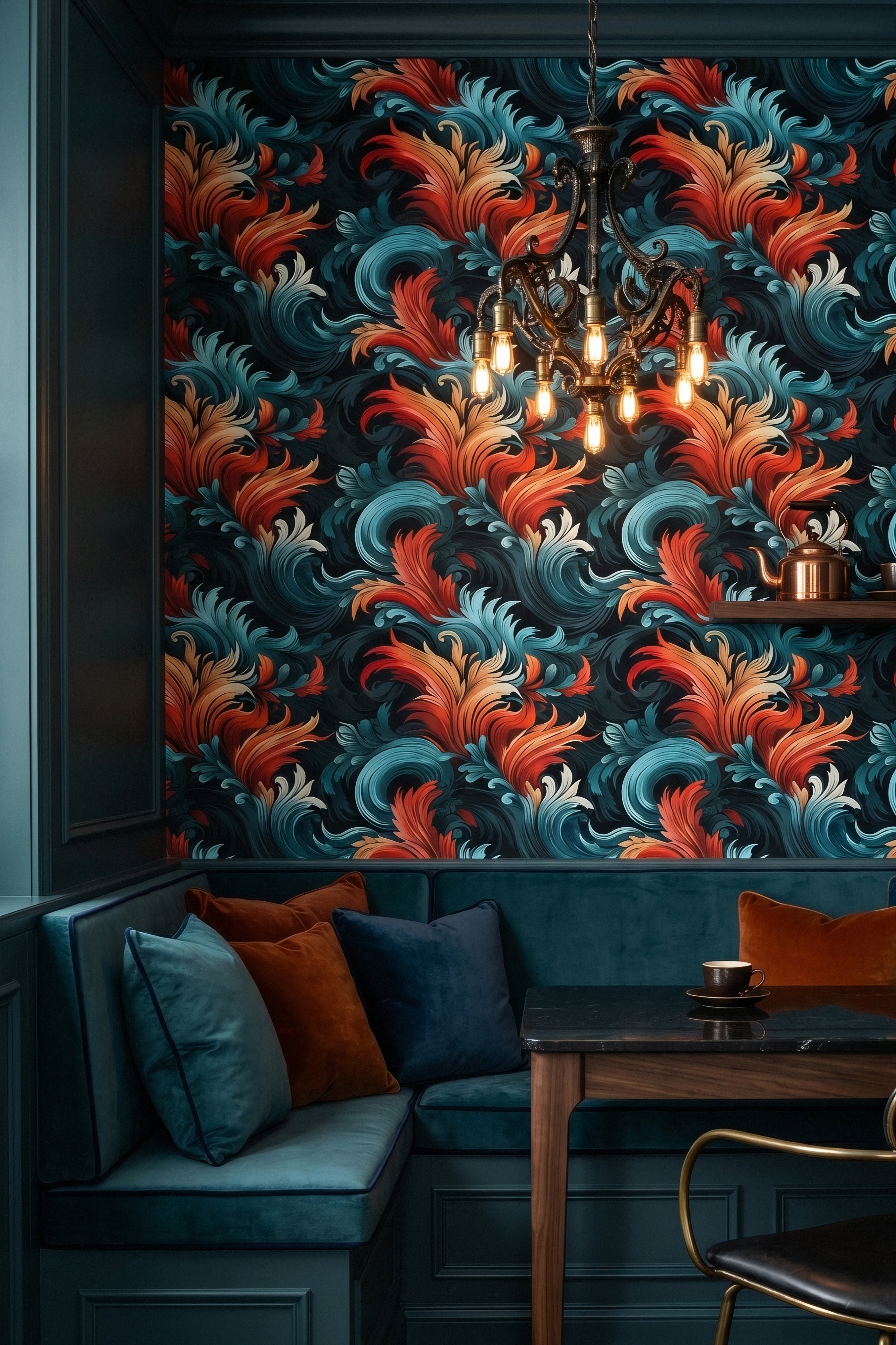 Acanthus Ember wallpaper shown in a cozy nook