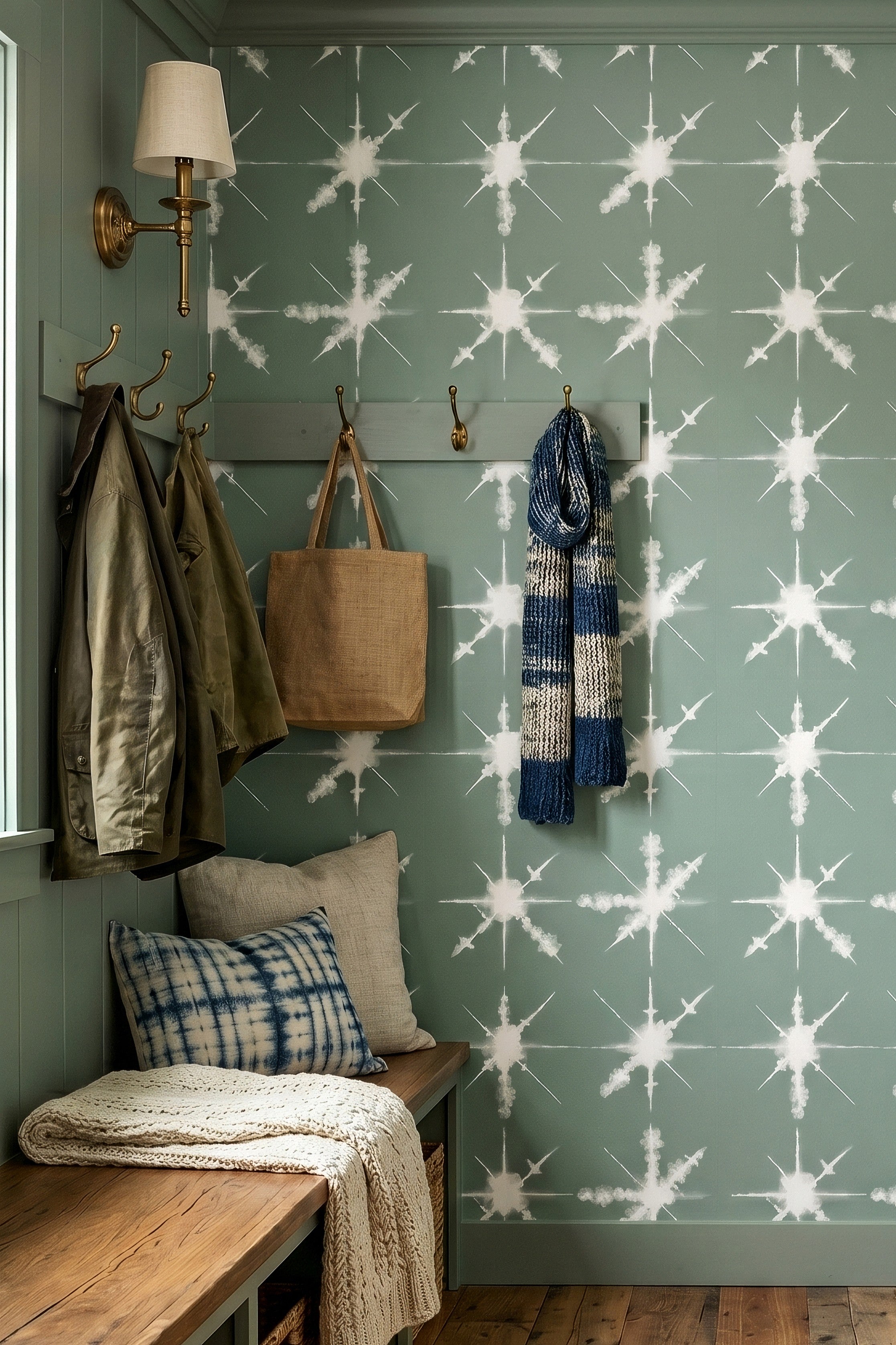 Atomic Sage wallpaper shown in a mudroom