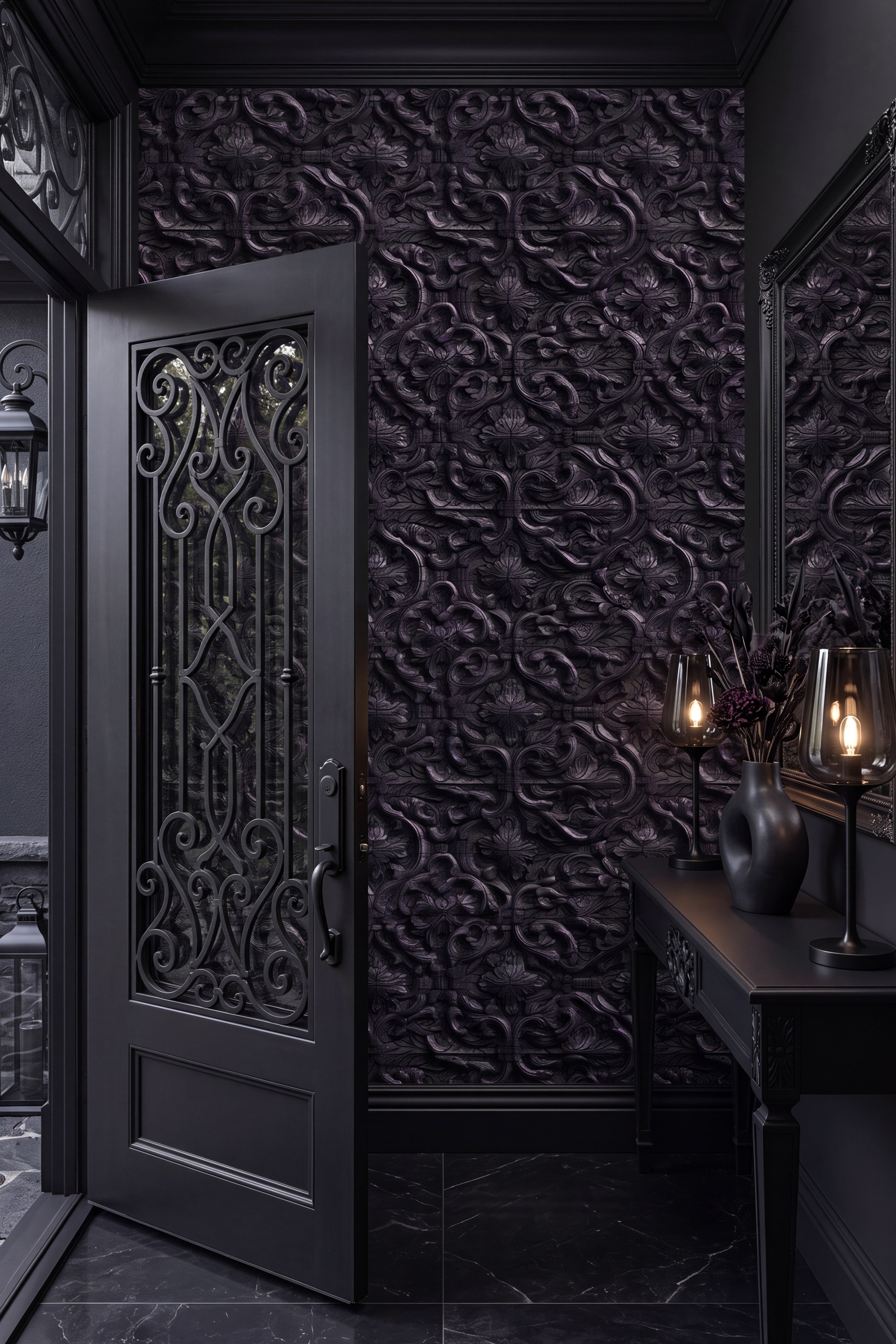 Iron Lace wallpaper shown in an entryway