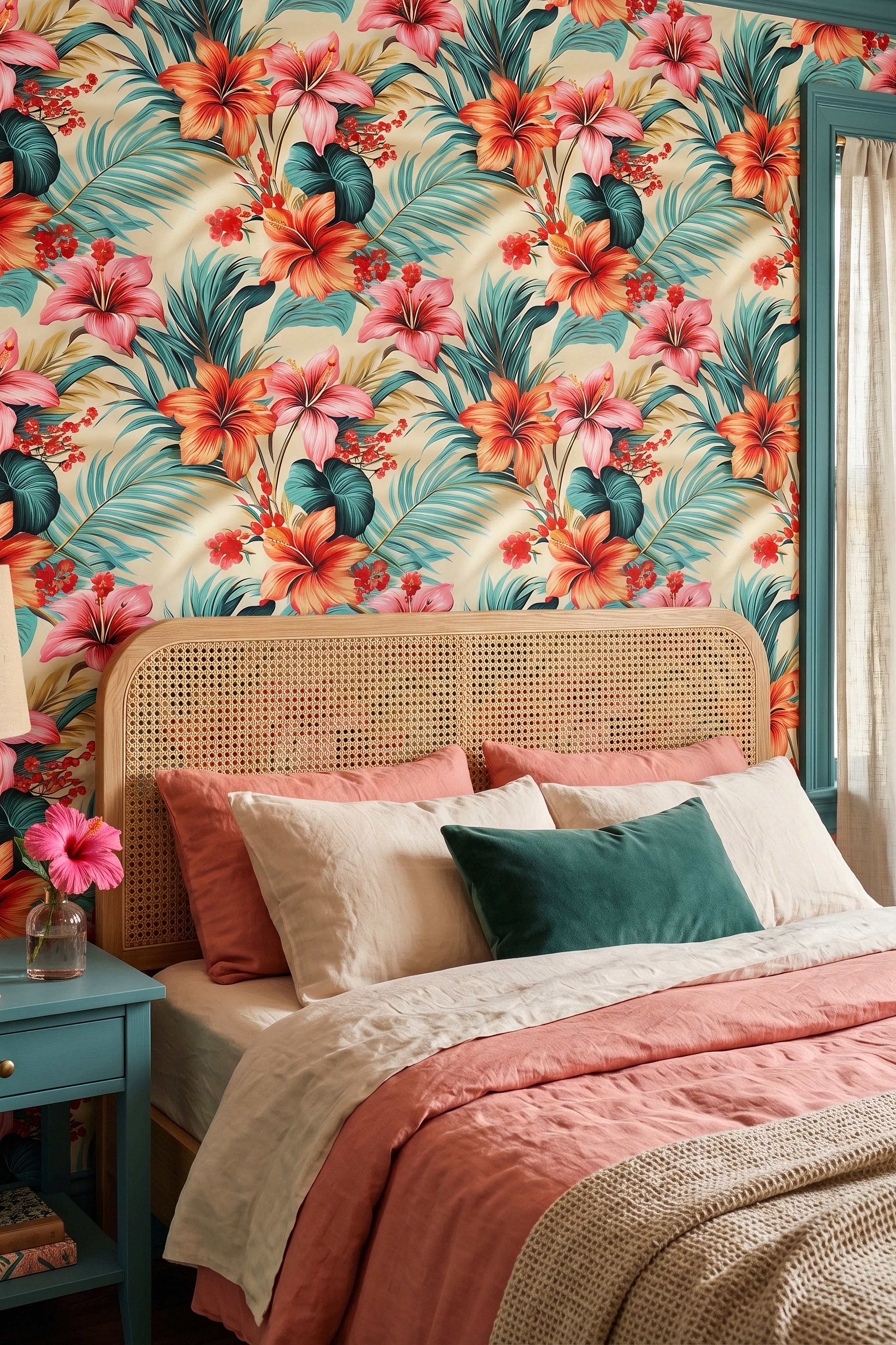 Hibiscus Holiday wallpaper shown in a bedroom