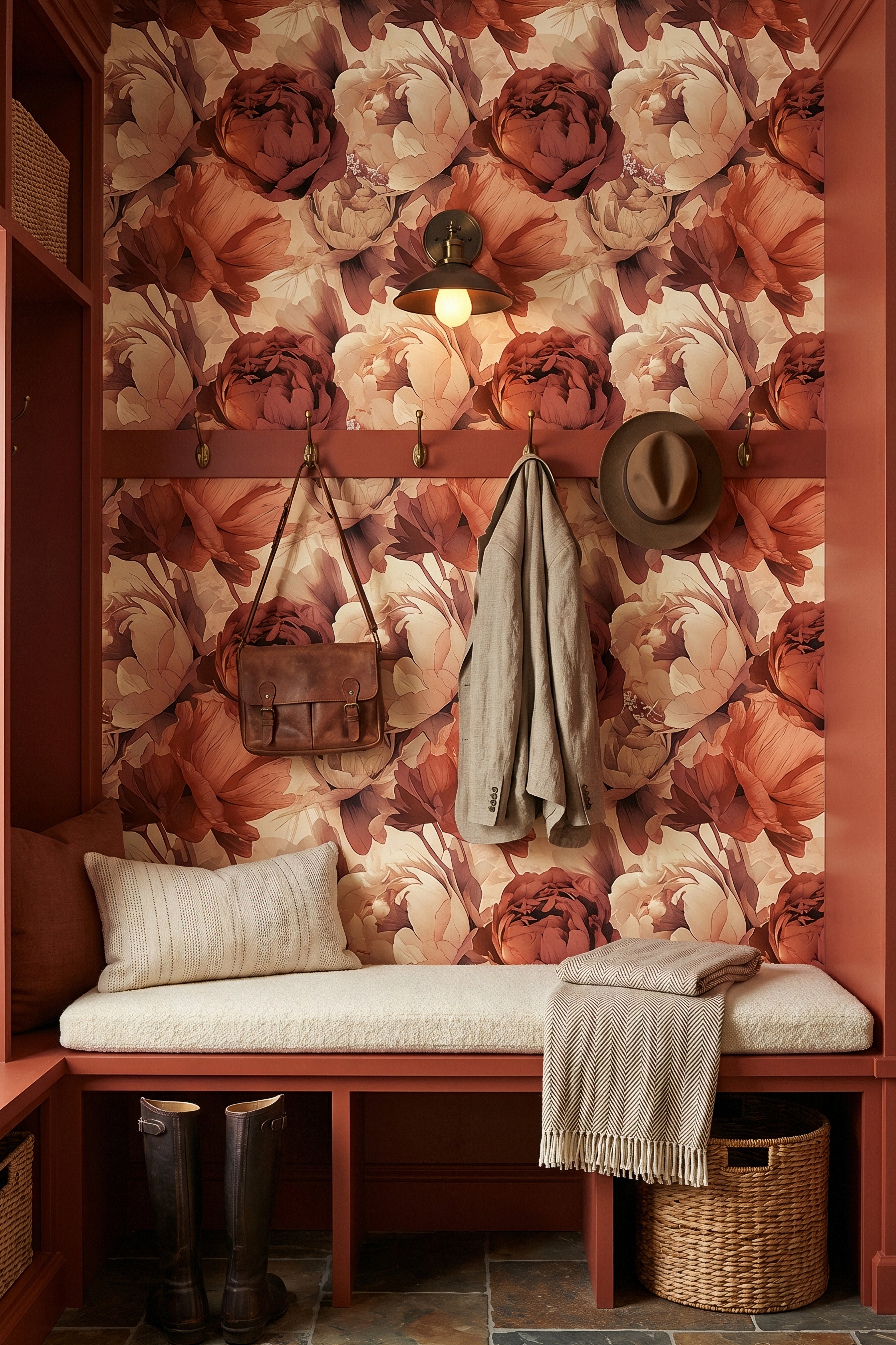 Amber Peony wallpaper shown in a mudroom