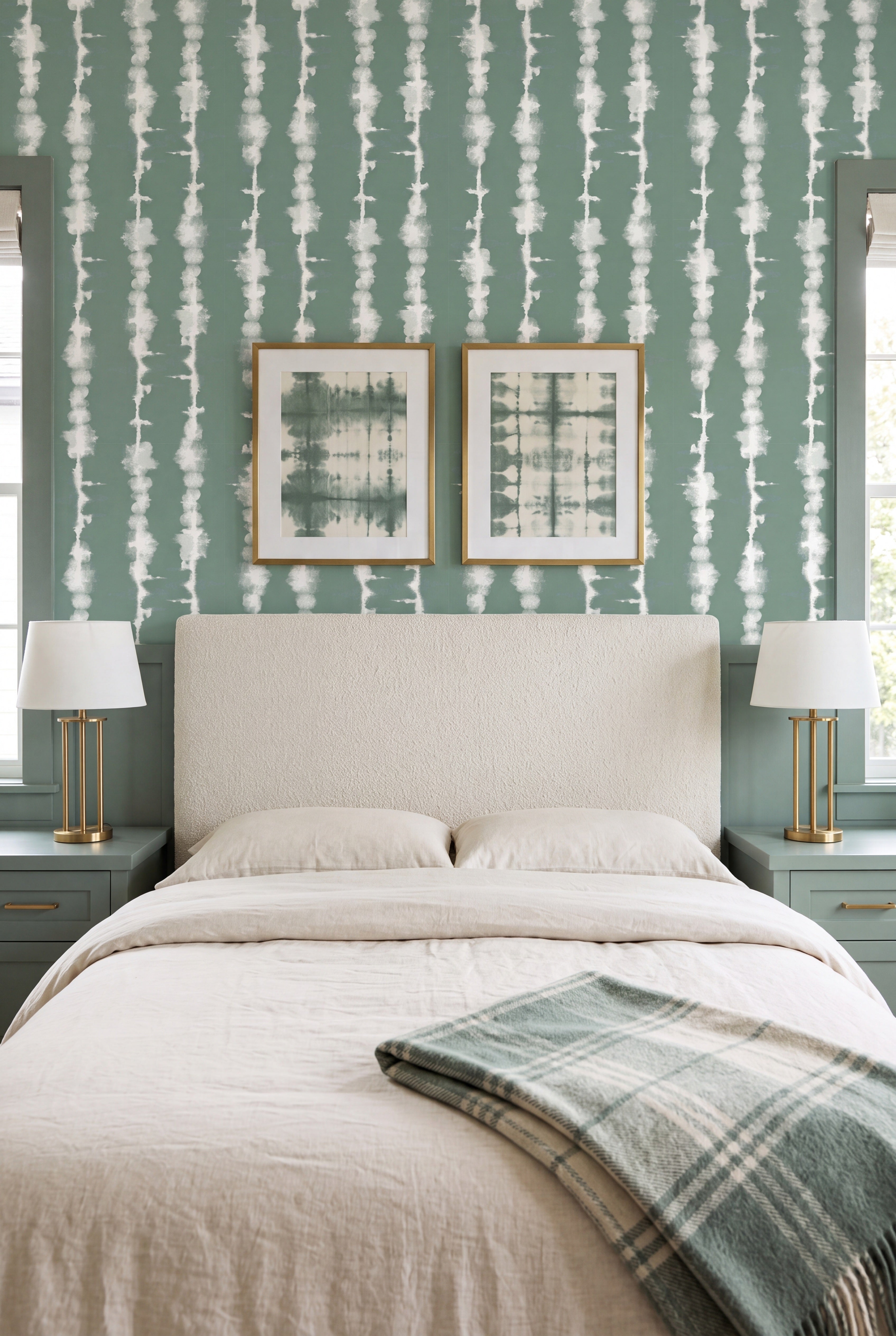 Sage Stripe wallpaper shown in a bedroom