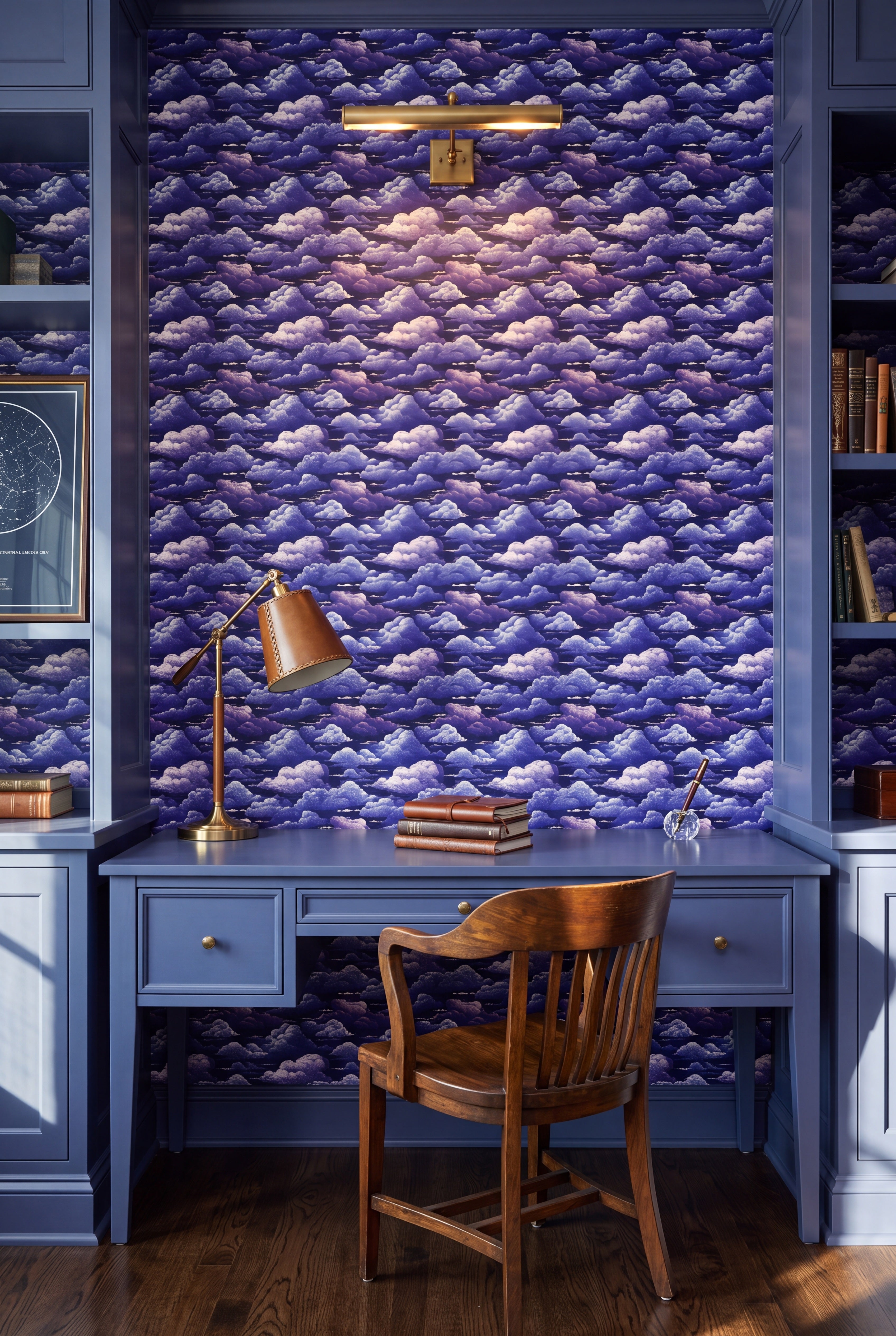 Night Nimbus wallpaper shown in a home office