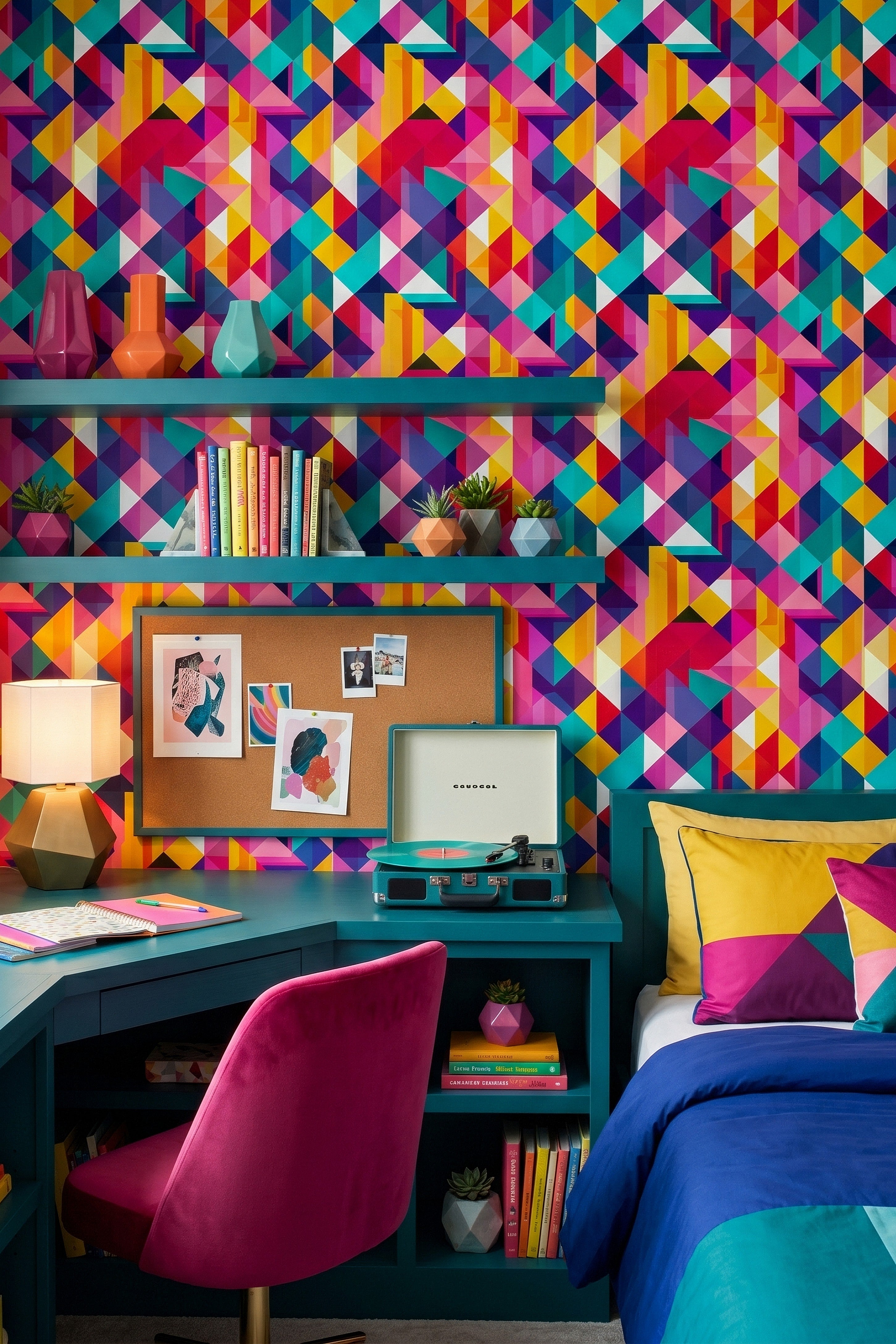 Kaleidoscope wallpaper shown in a home office