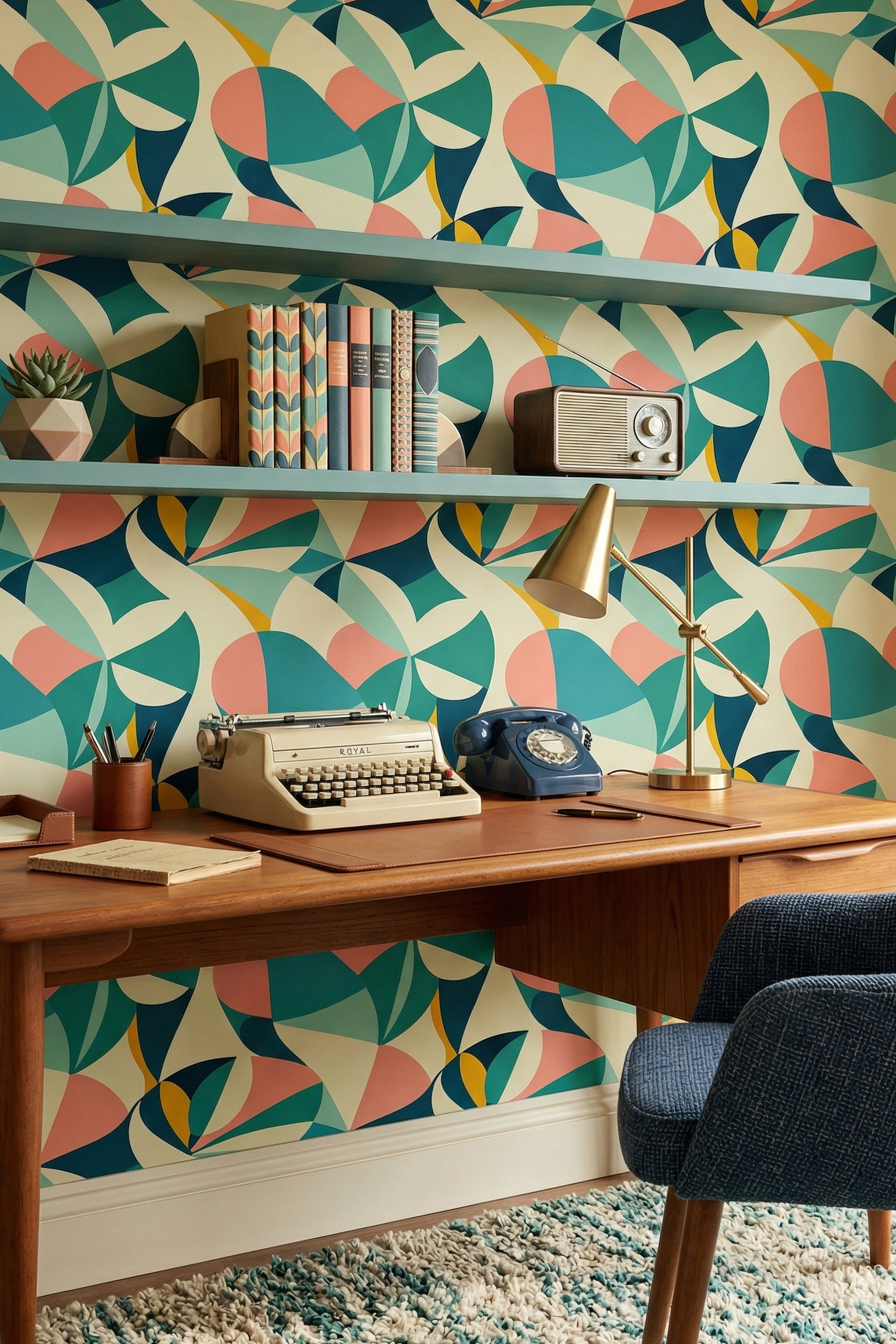 Mod Coral wallpaper shown in a home office