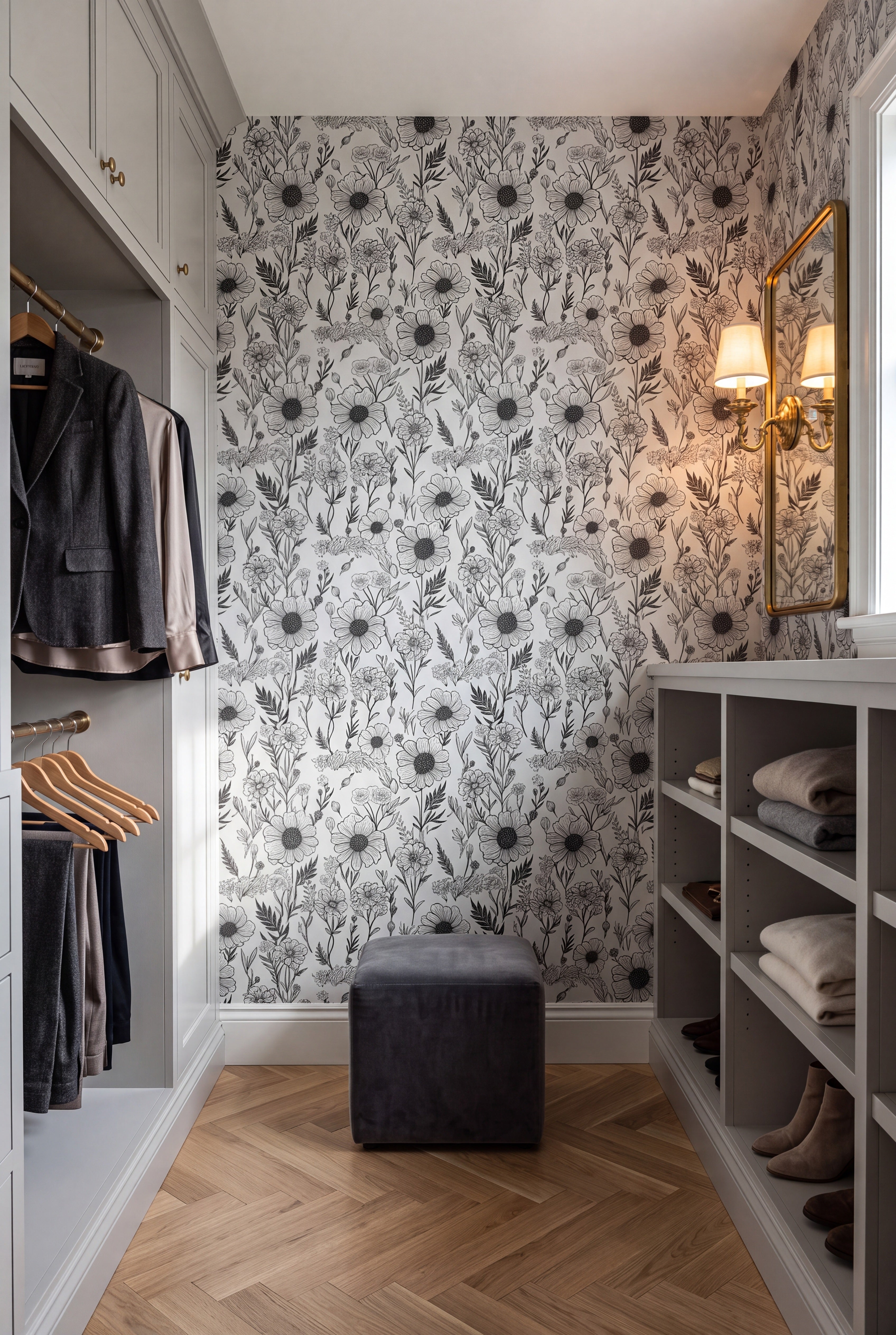 Etched Bloom wallpaper shown in a closet