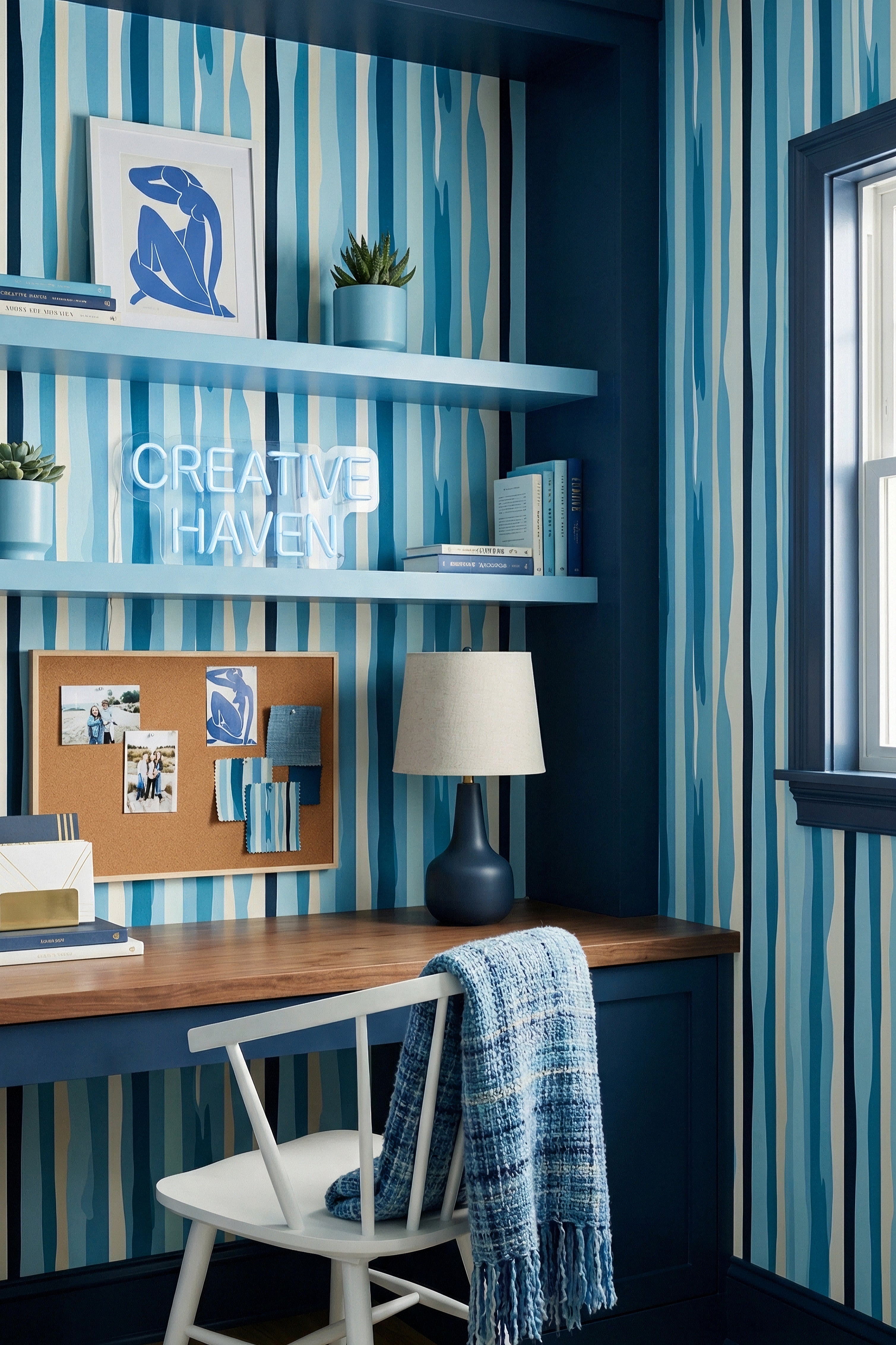 Cape Stripe wallpaper shown in a home office
