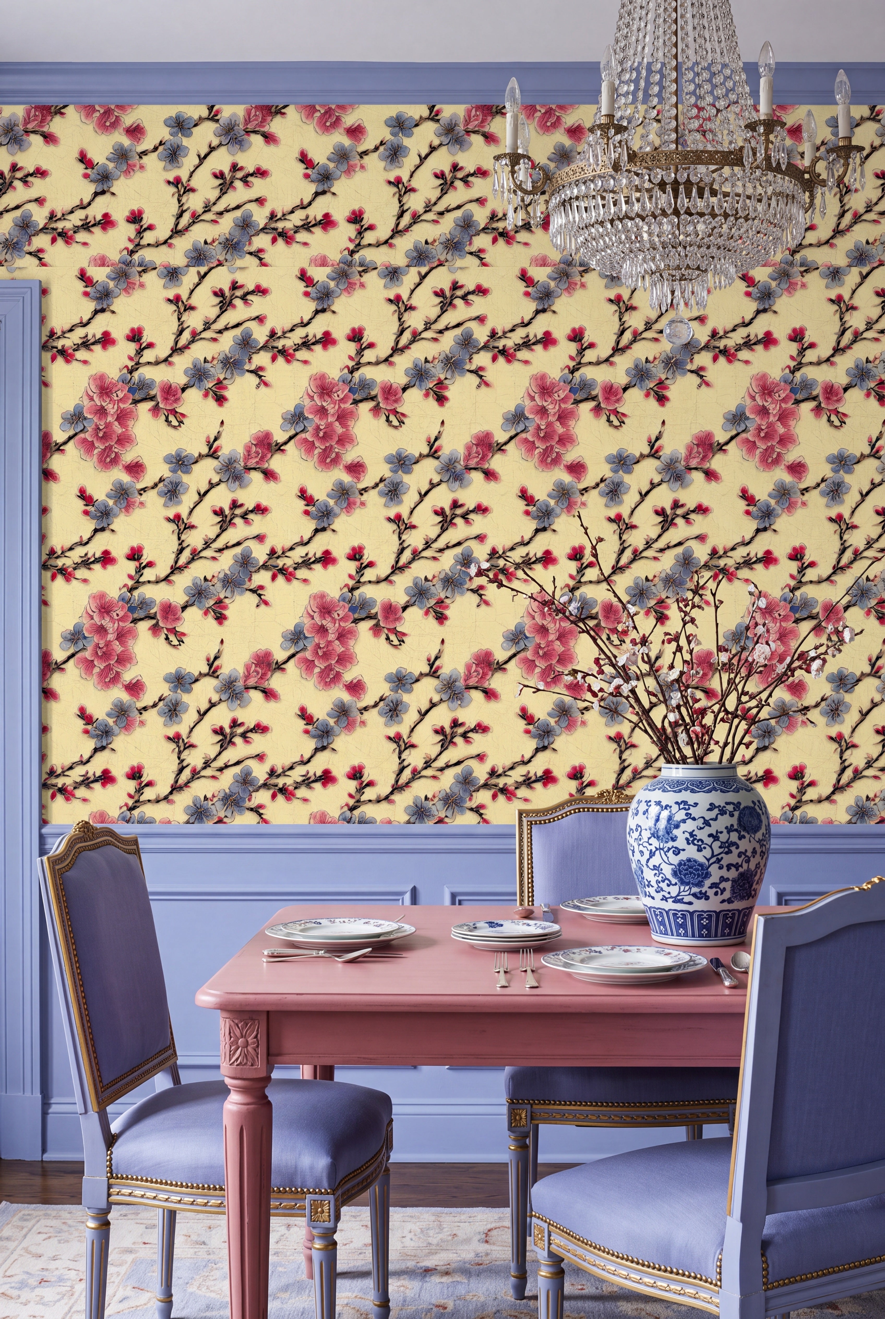 Blossom Pavilion wallpaper shown in a dining room