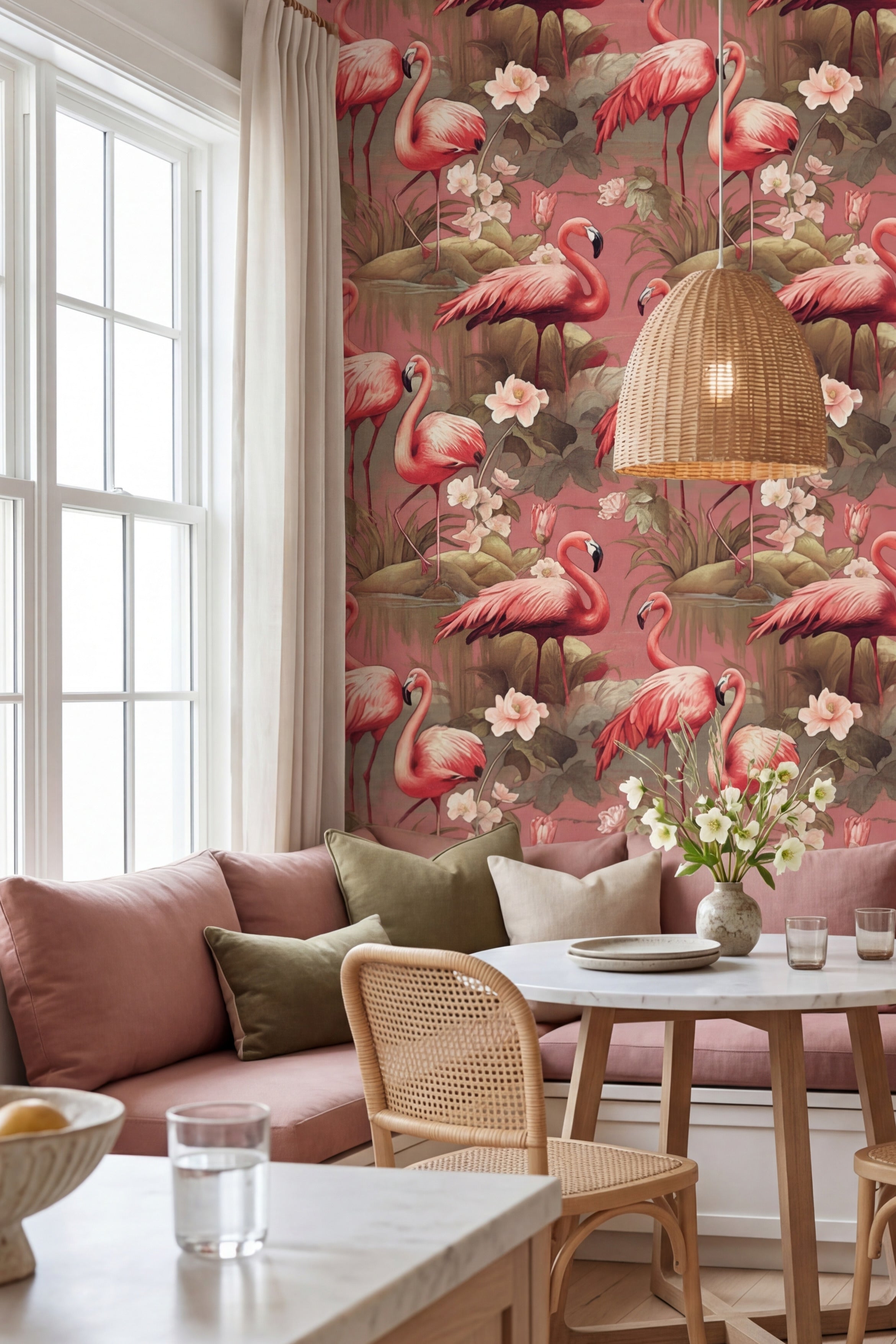 Flamingo Social wallpaper shown in a cozy nook