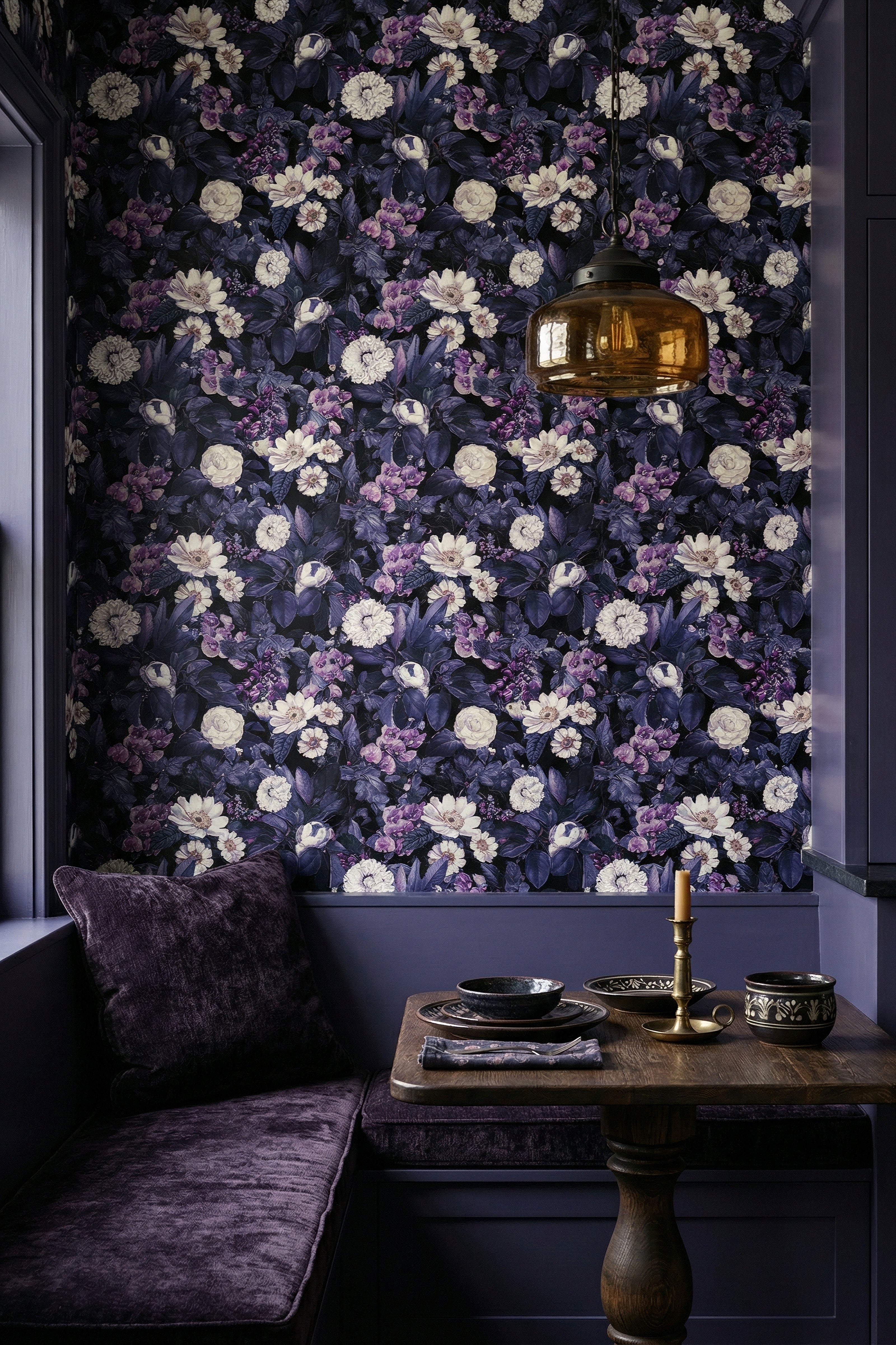 Violet Hour wallpaper shown in a cozy nook