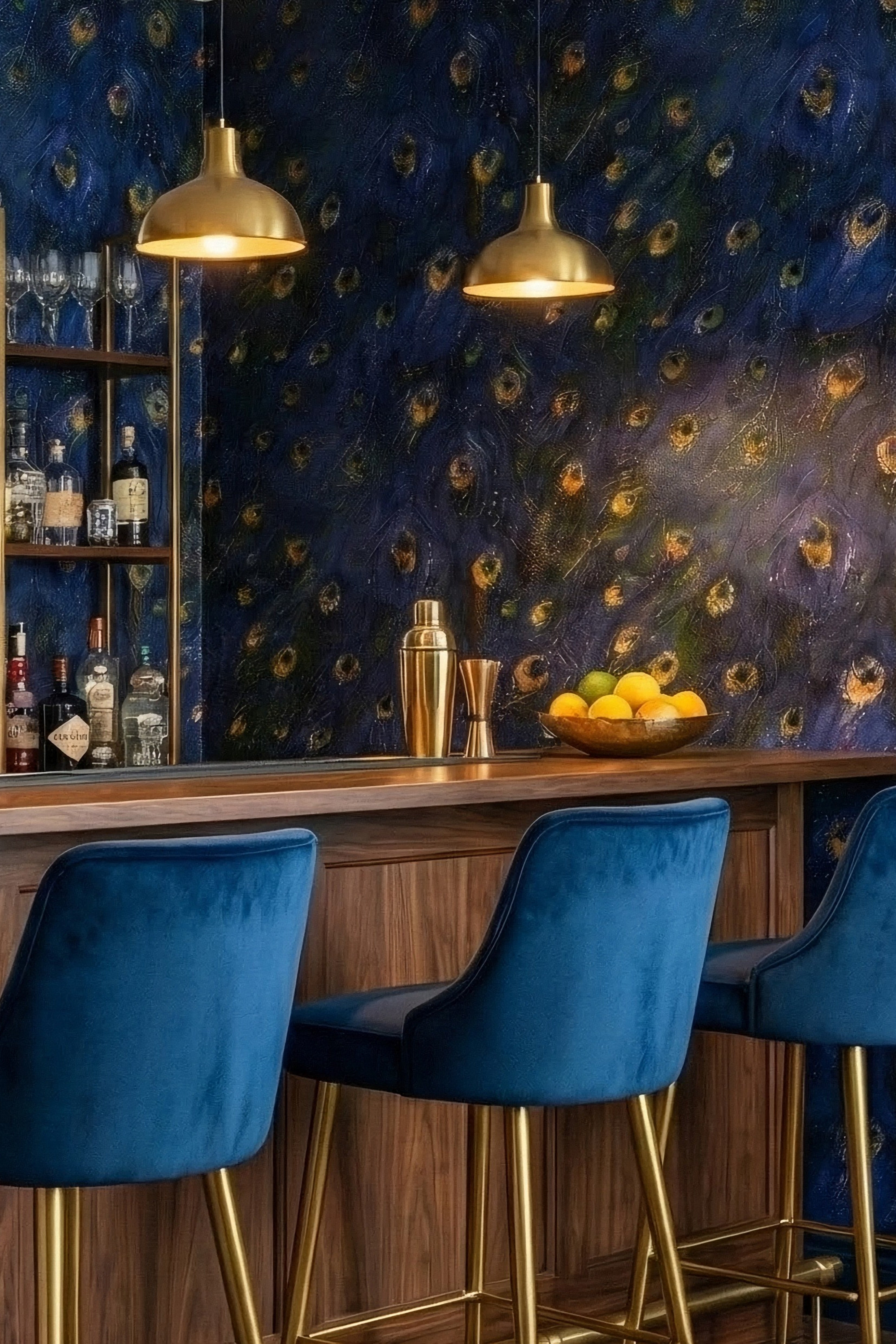 Painted Plume wallpaper shown in a home bar