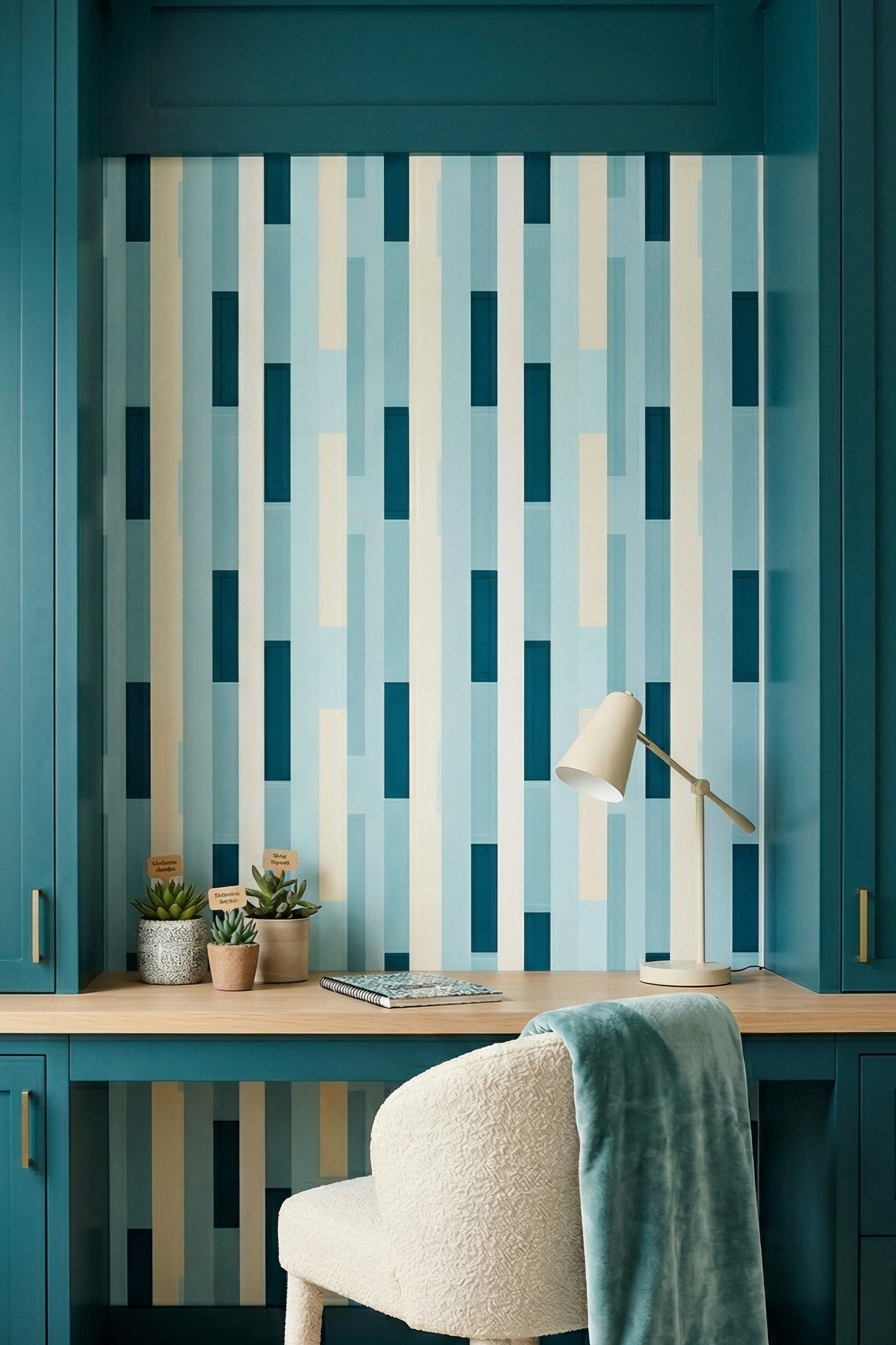 Poolside wallpaper shown in a home office