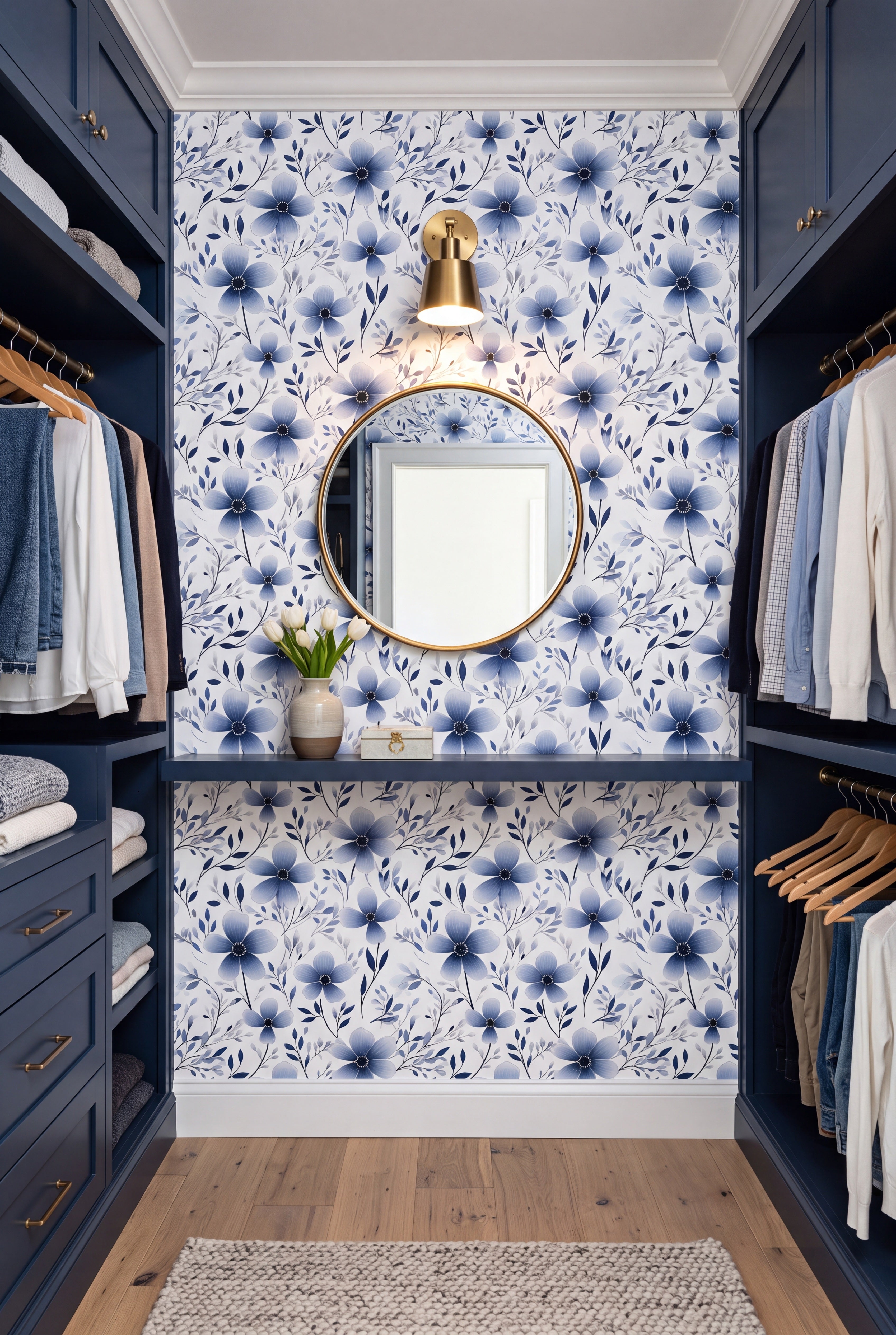 Indigo Bloom wallpaper shown in a closet