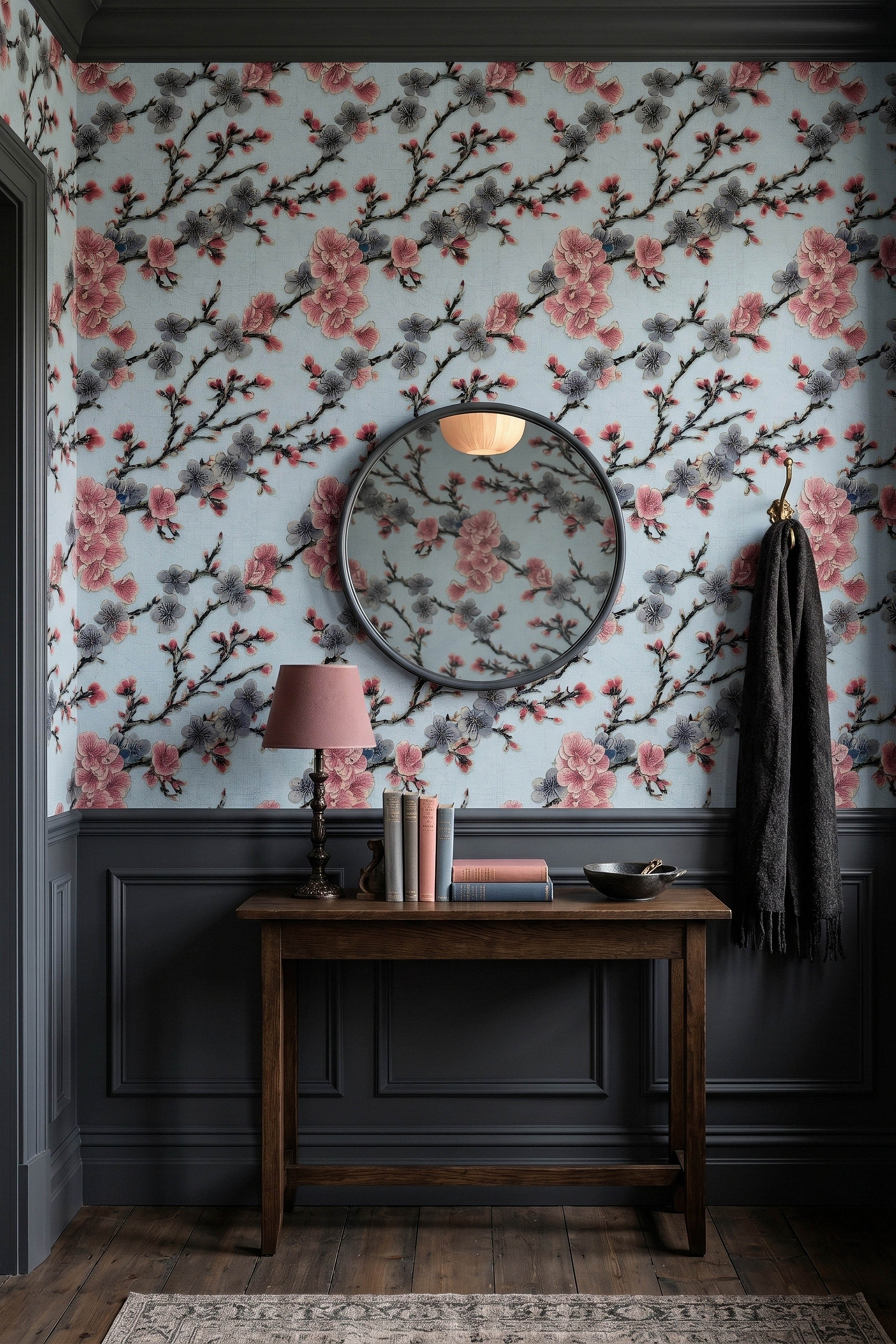 Indigo Blossom wallpaper shown in an entryway