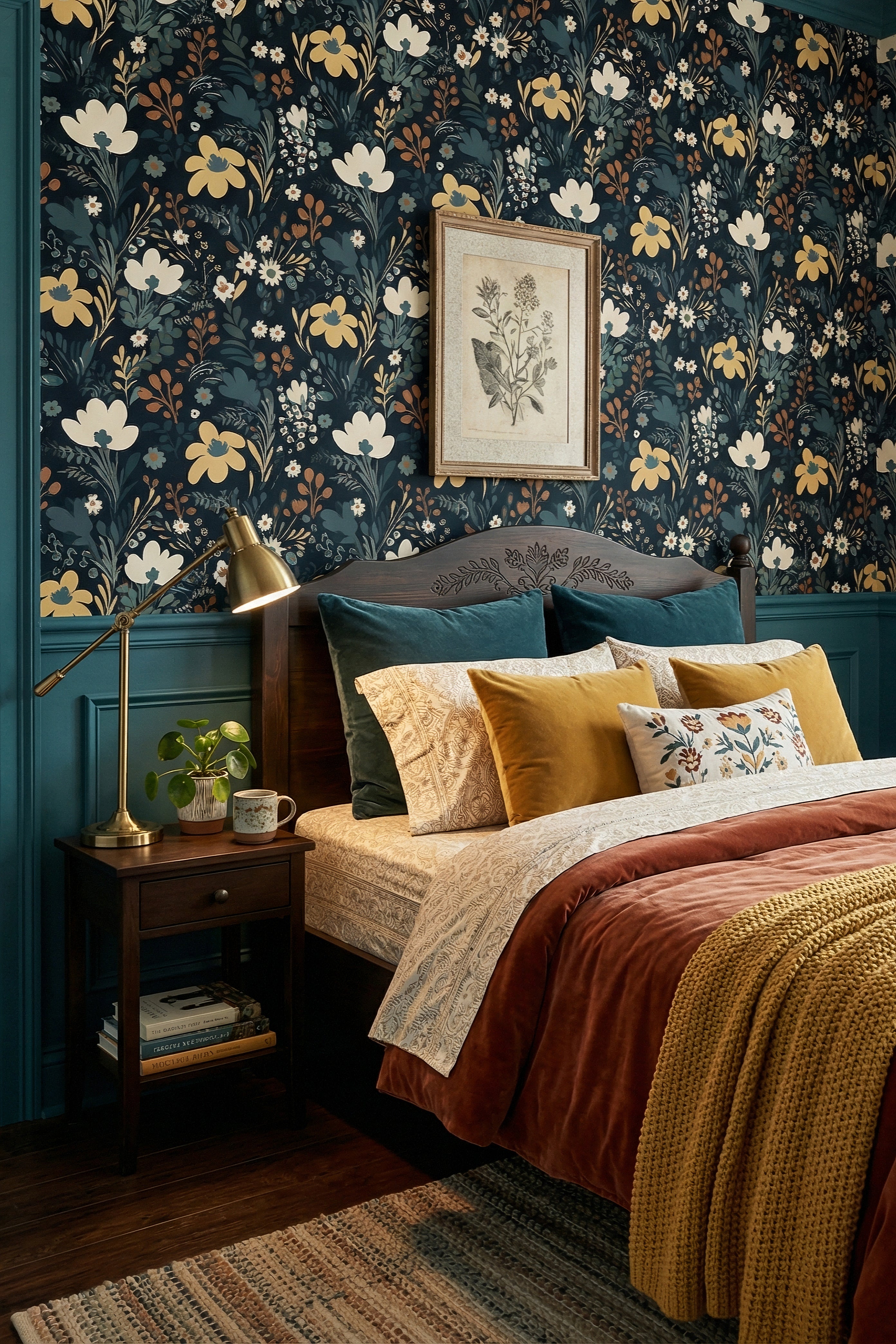 Boho Nocturne wallpaper shown in a bedroom