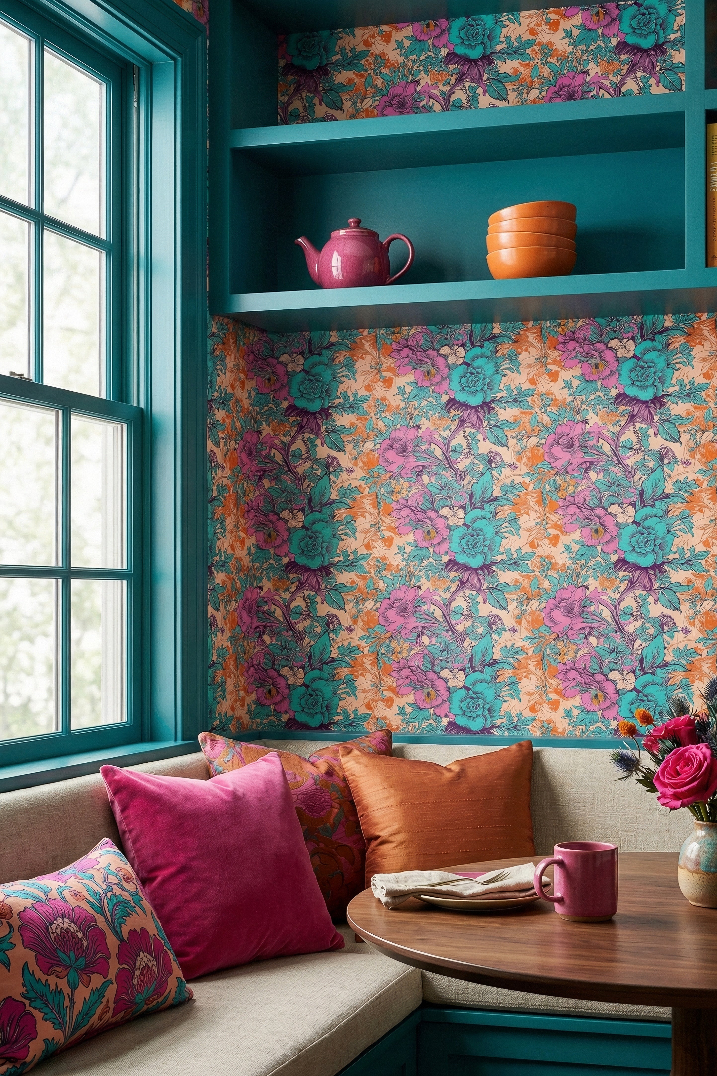 Toile Remix wallpaper shown in a cozy nook