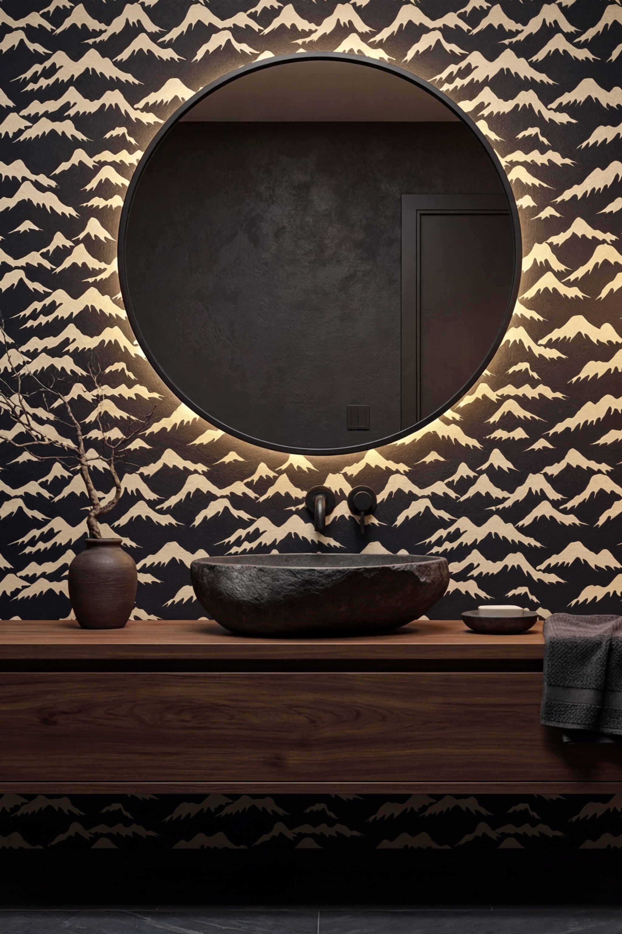 Ink Mountain wallpaper shown in a powder room