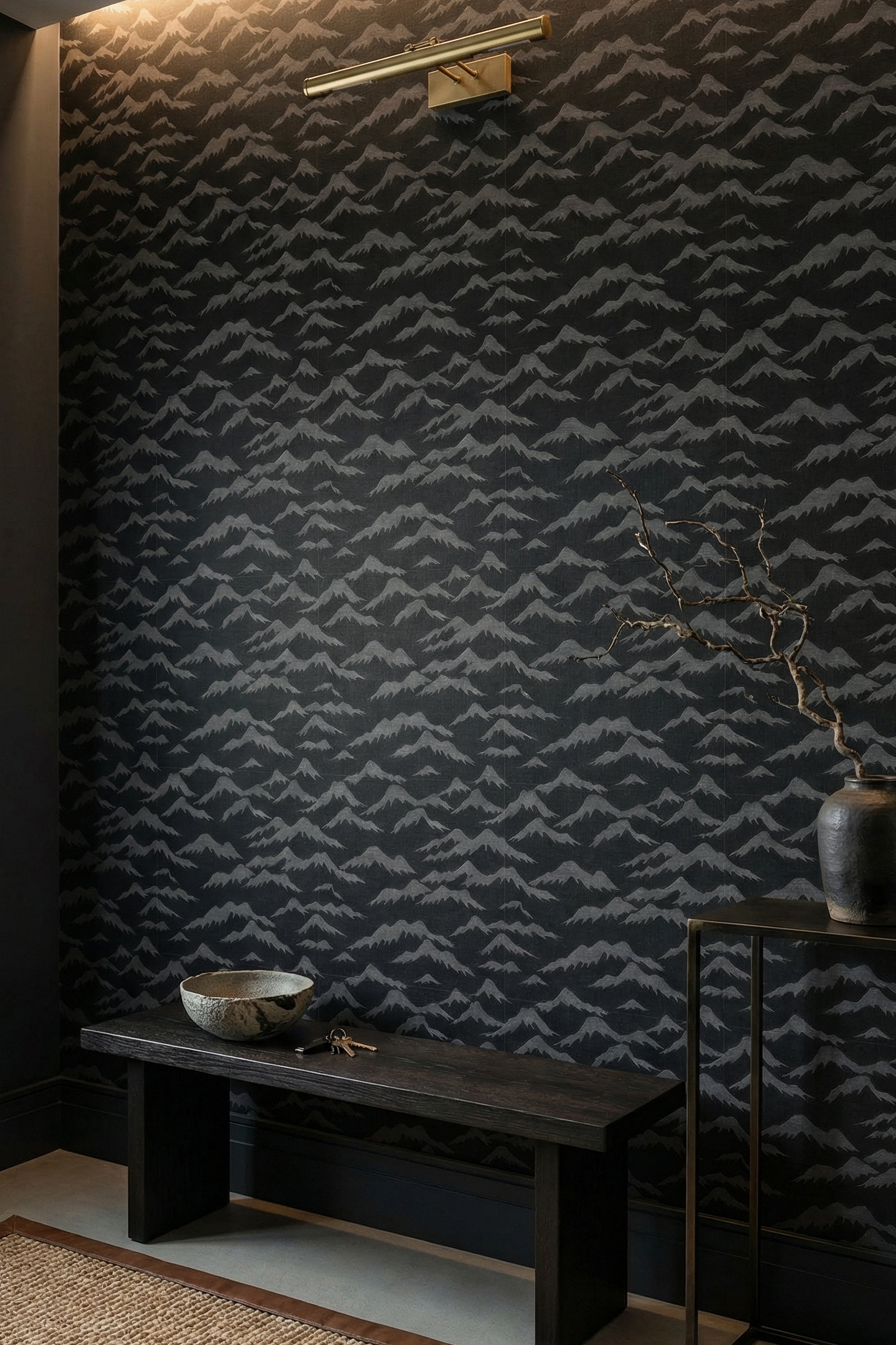Misty Summit wallpaper shown in an entryway