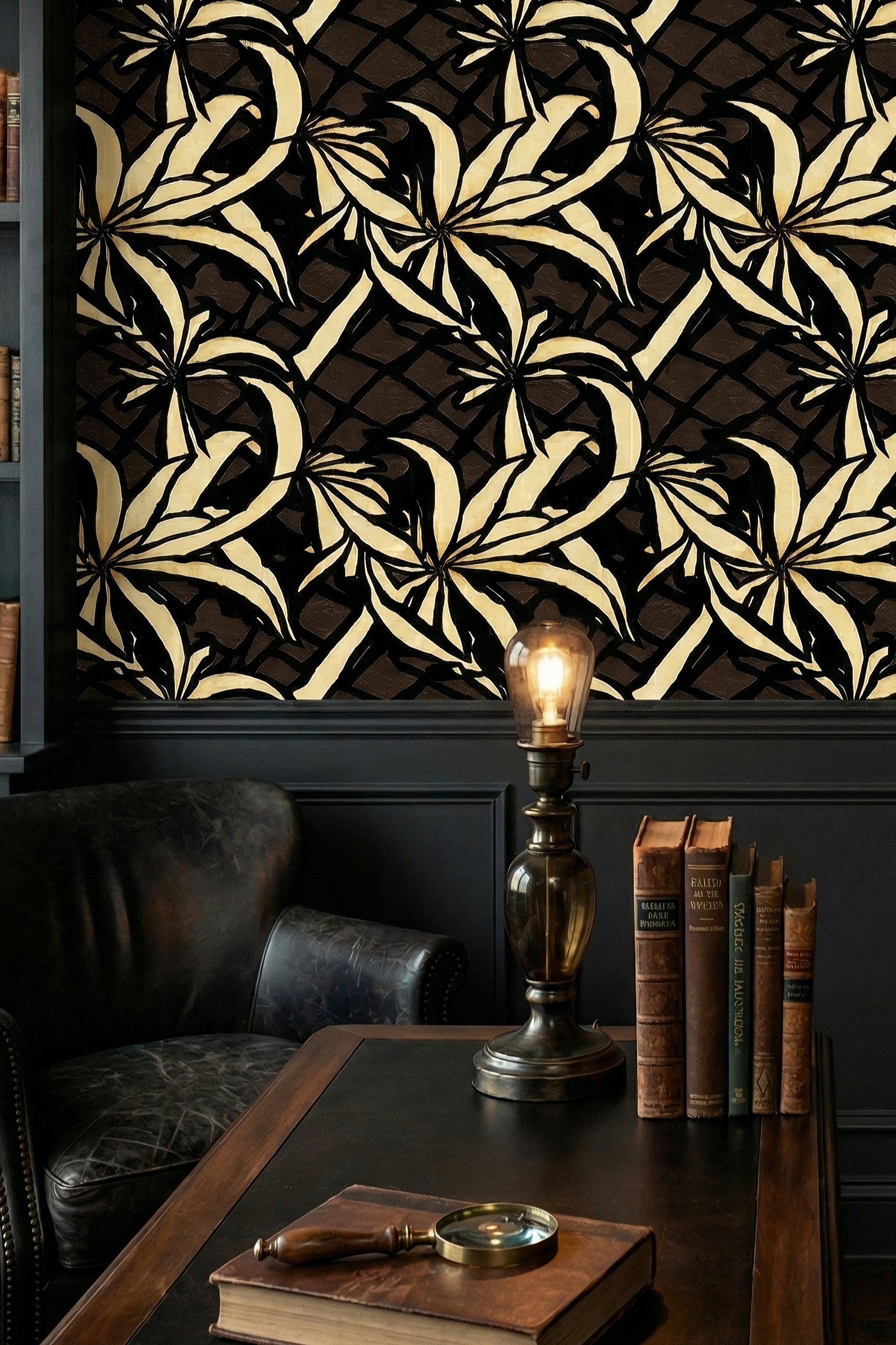Aloha After Dark wallpaper shown in a home office