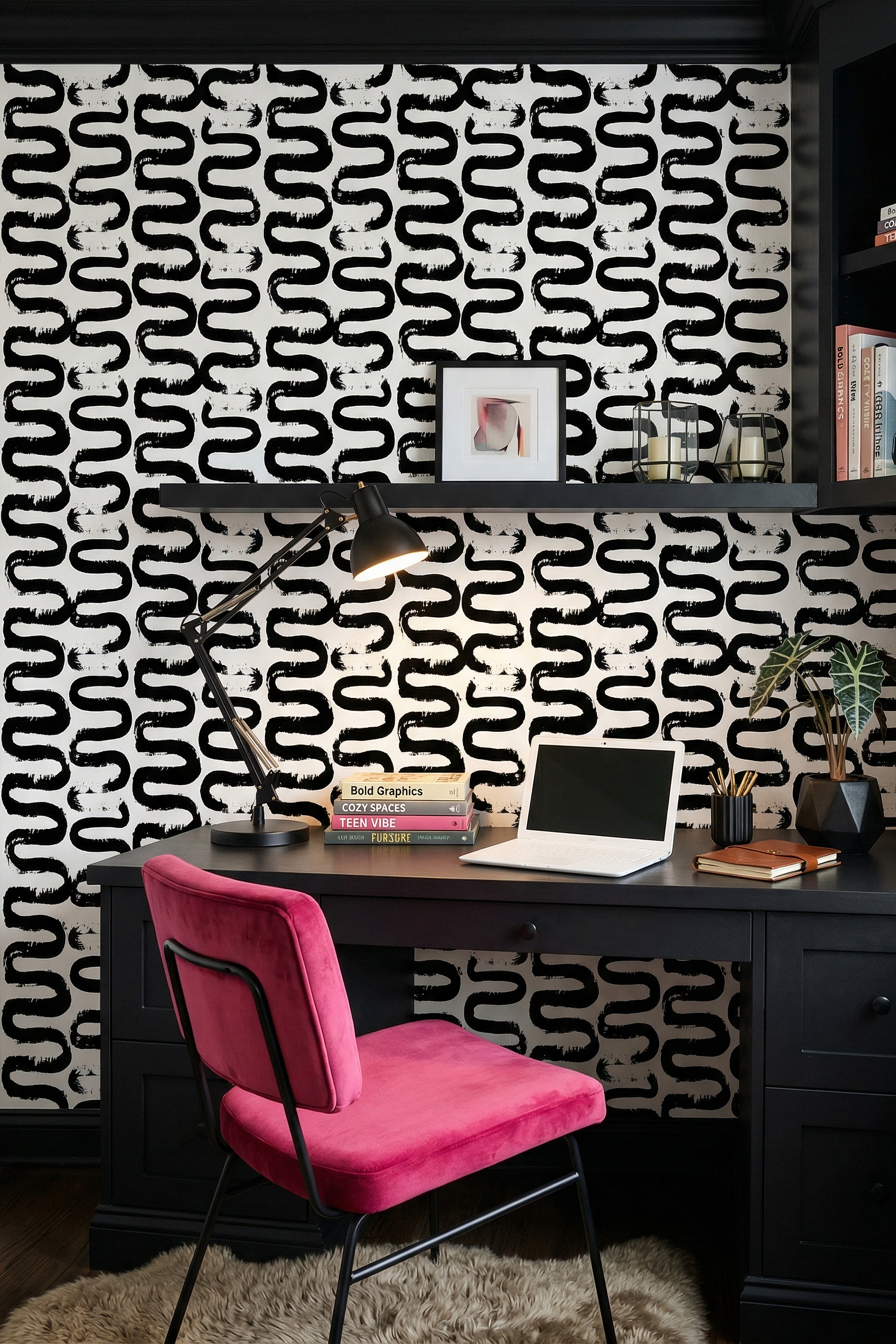 Squiggle wallpaper shown in a home office