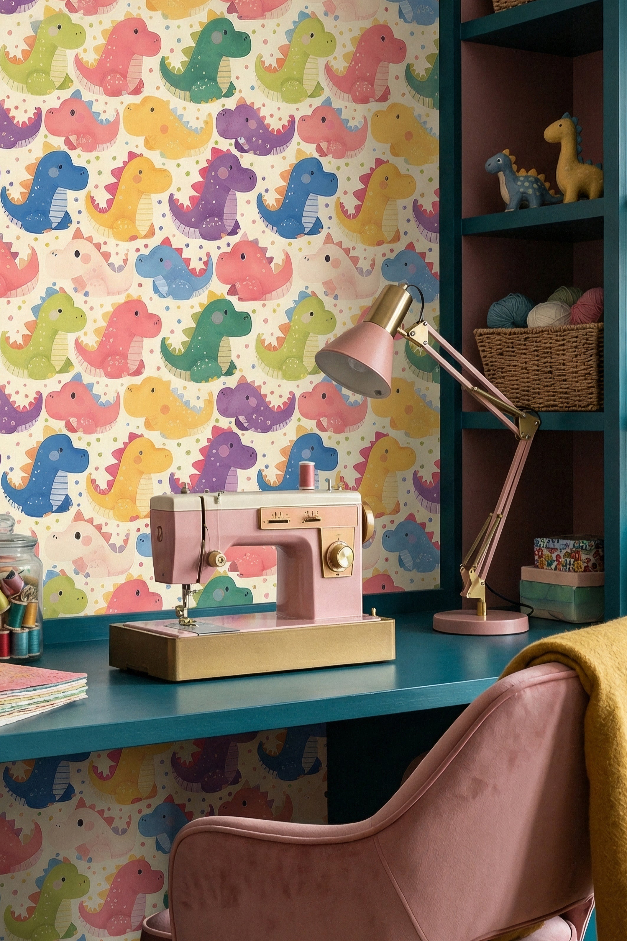 Dino Parade wallpaper shown in a home office
