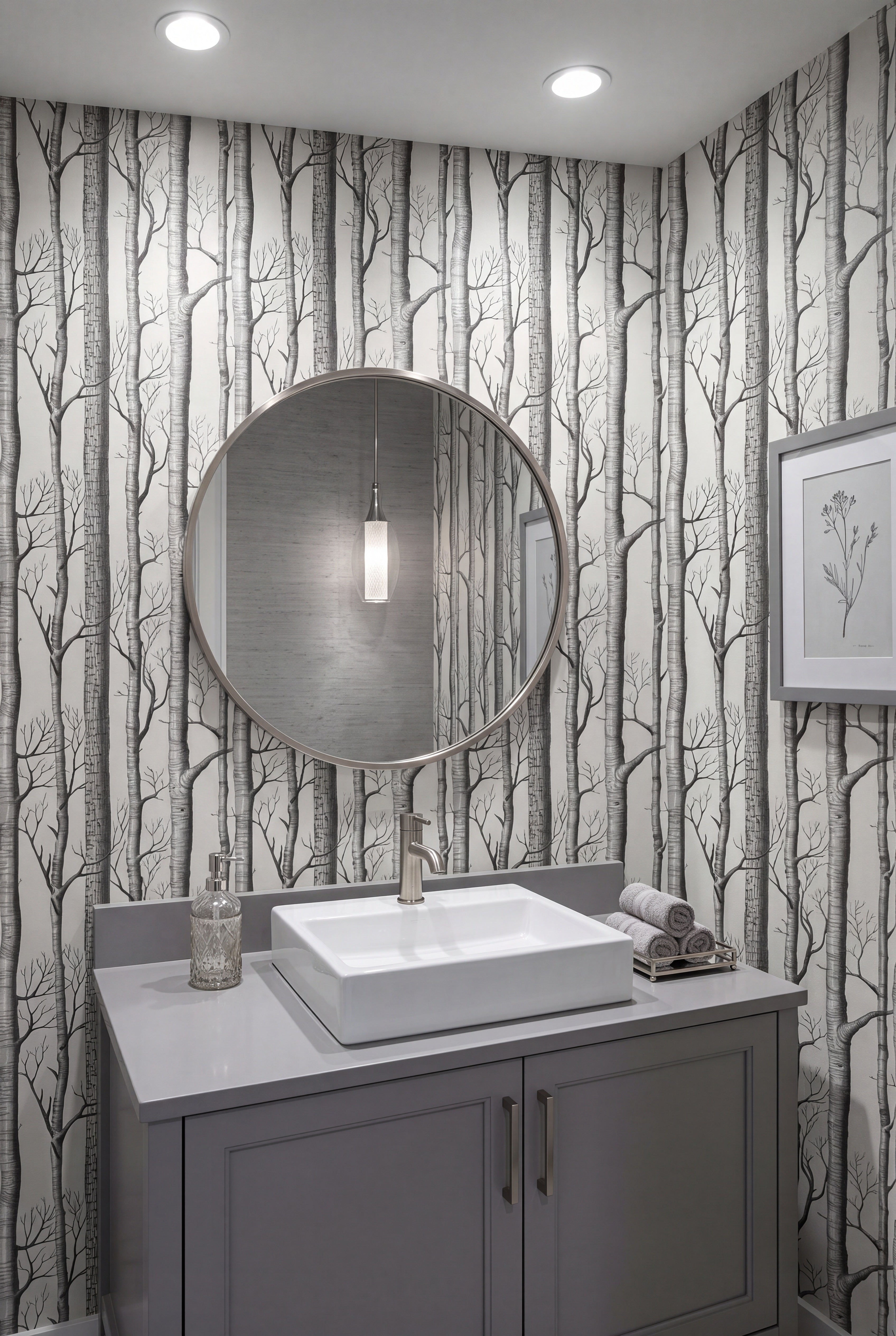 Birch Grove wallpaper shown in a powder room
