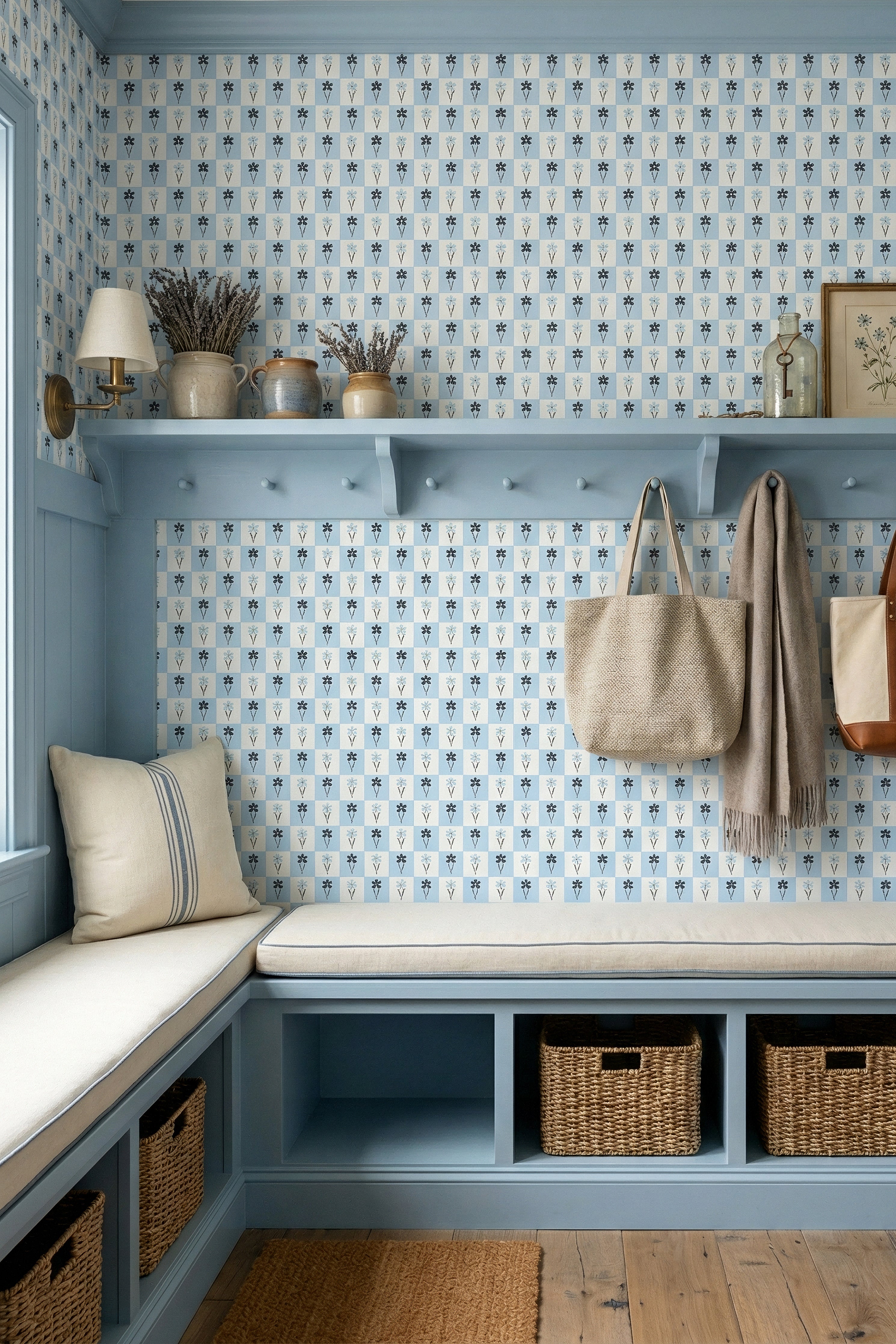 Picnic Daisy wallpaper shown in a mudroom