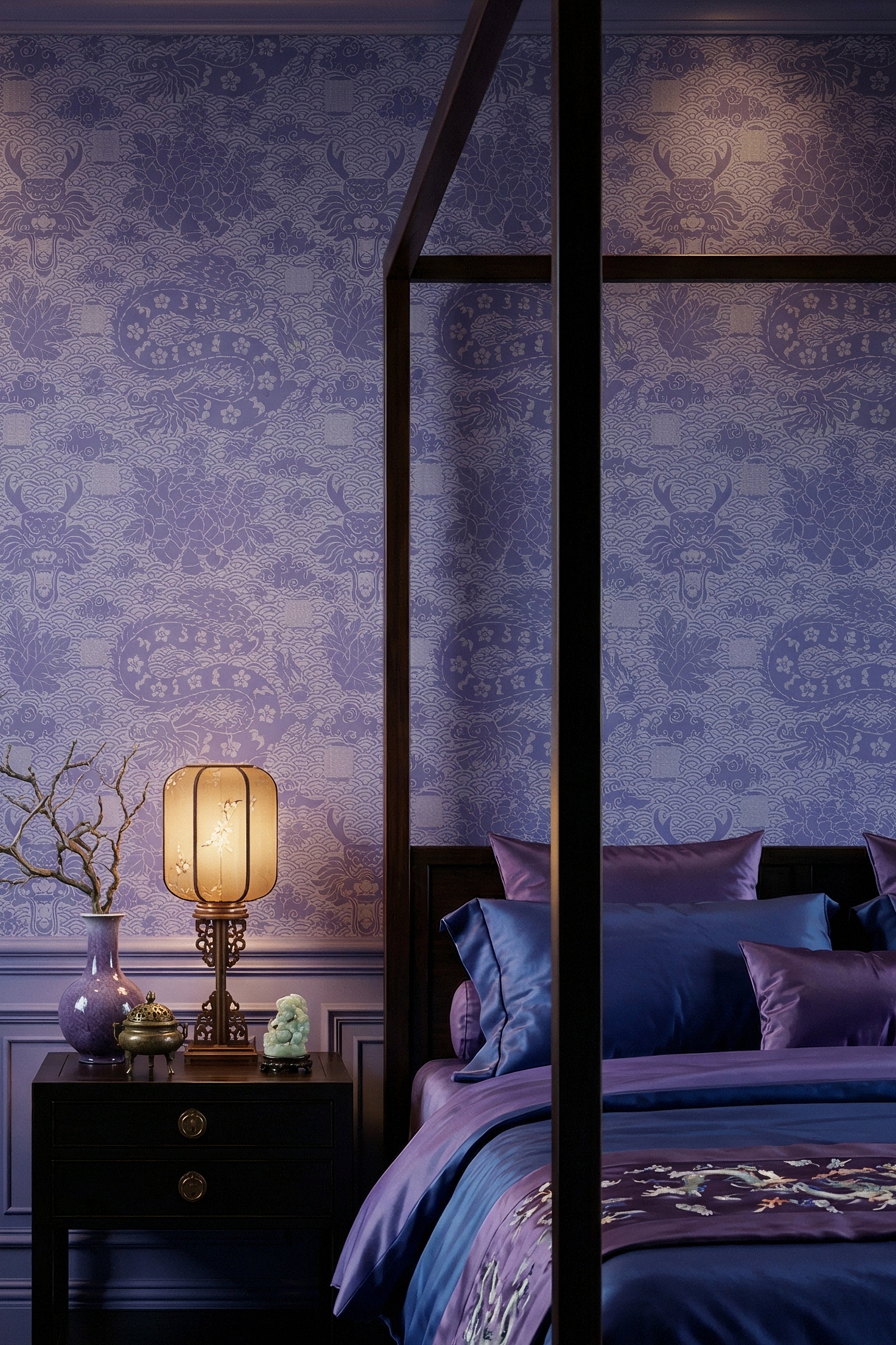 Violet Dragon wallpaper shown in a bedroom