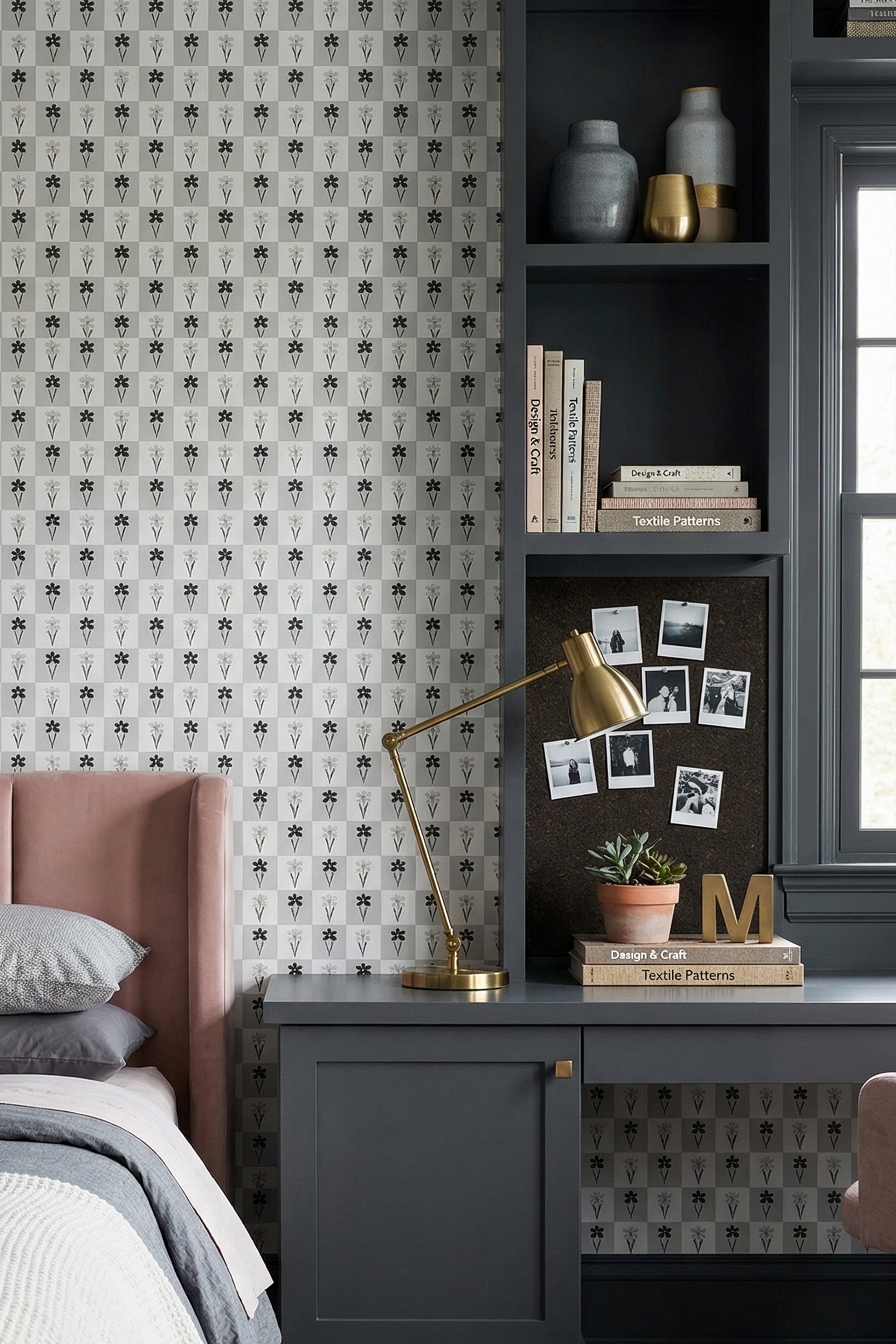 Checkmate wallpaper shown in a bedroom