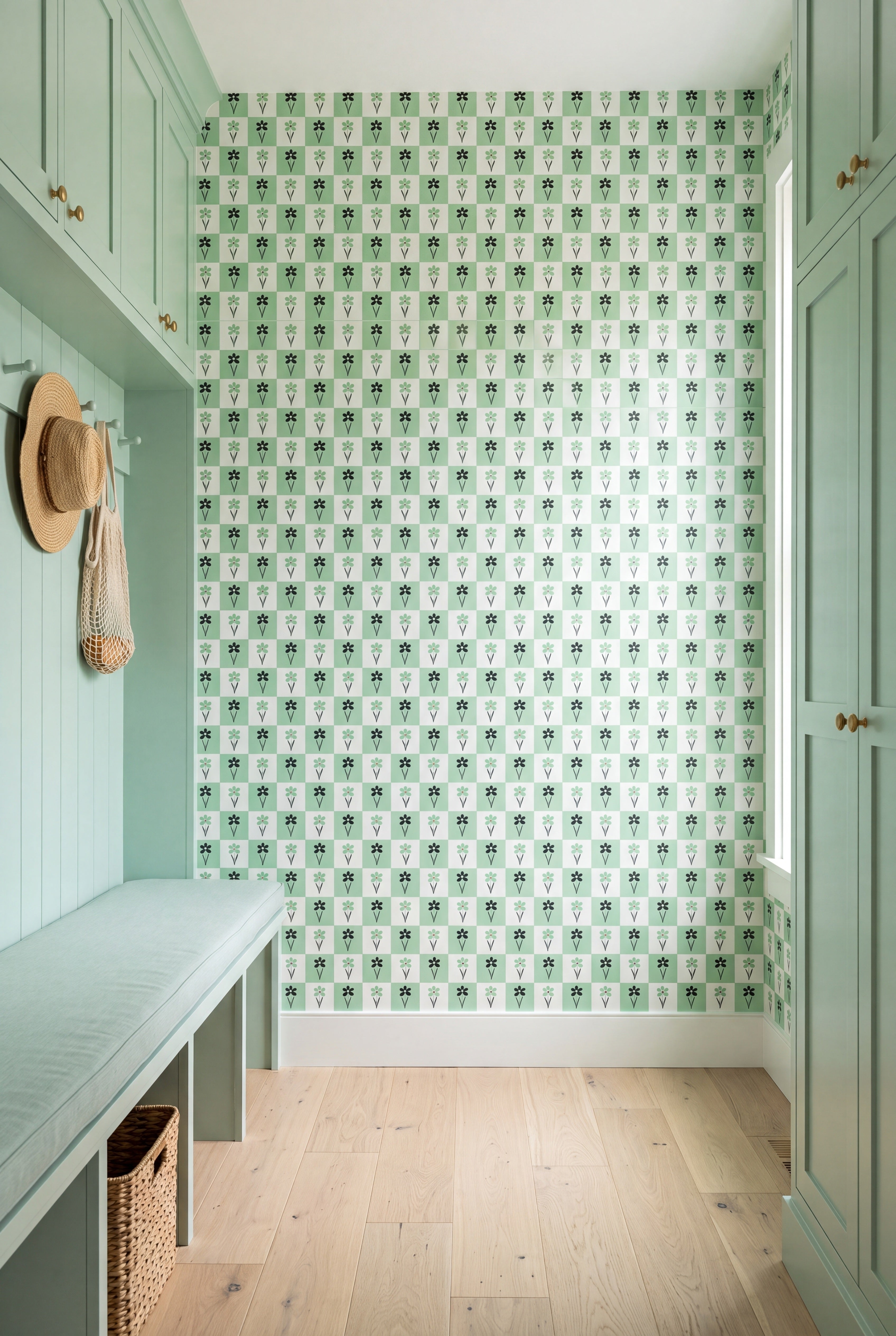 Mint Condition wallpaper shown in a mudroom