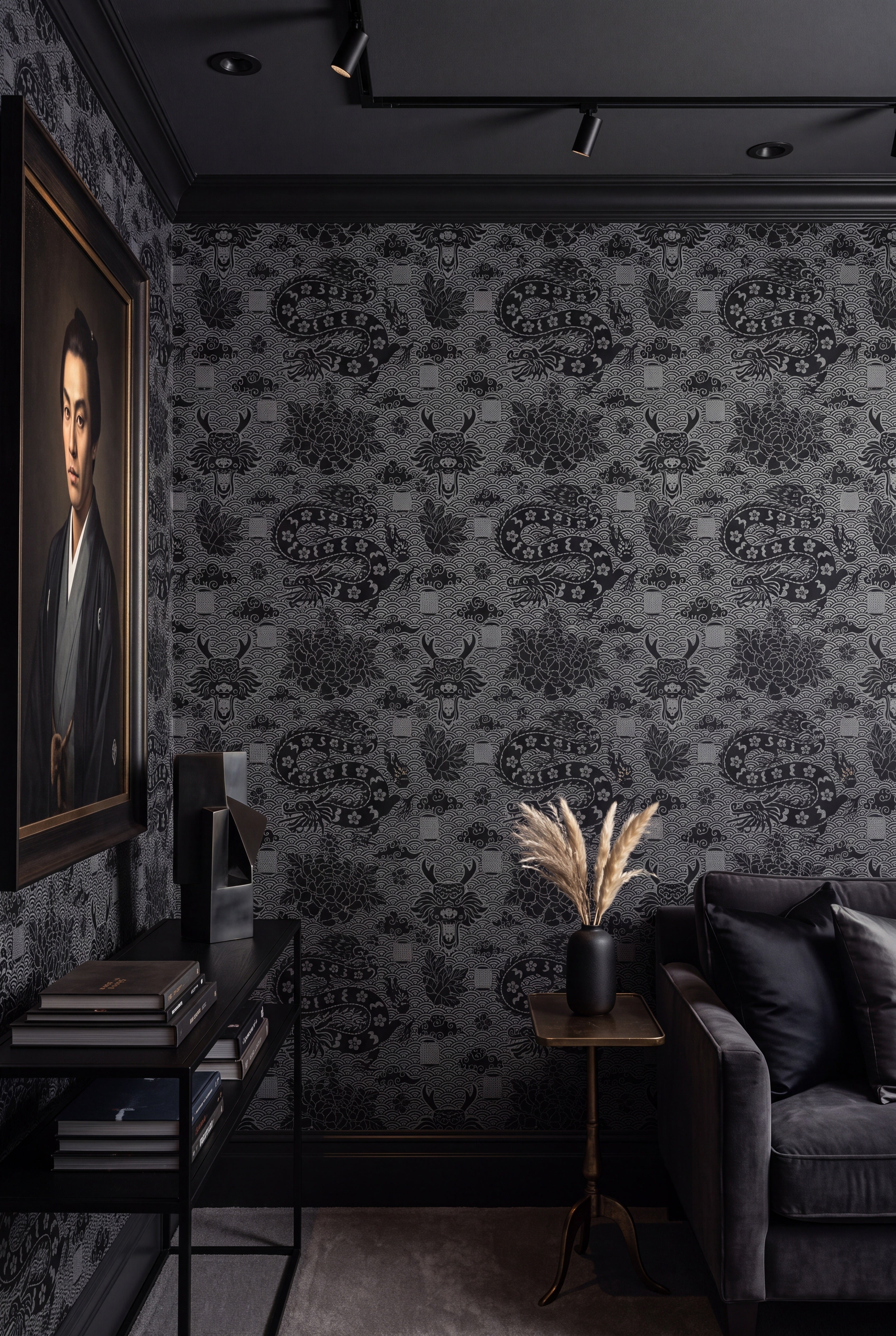Shadow Dragon wallpaper shown in a media room