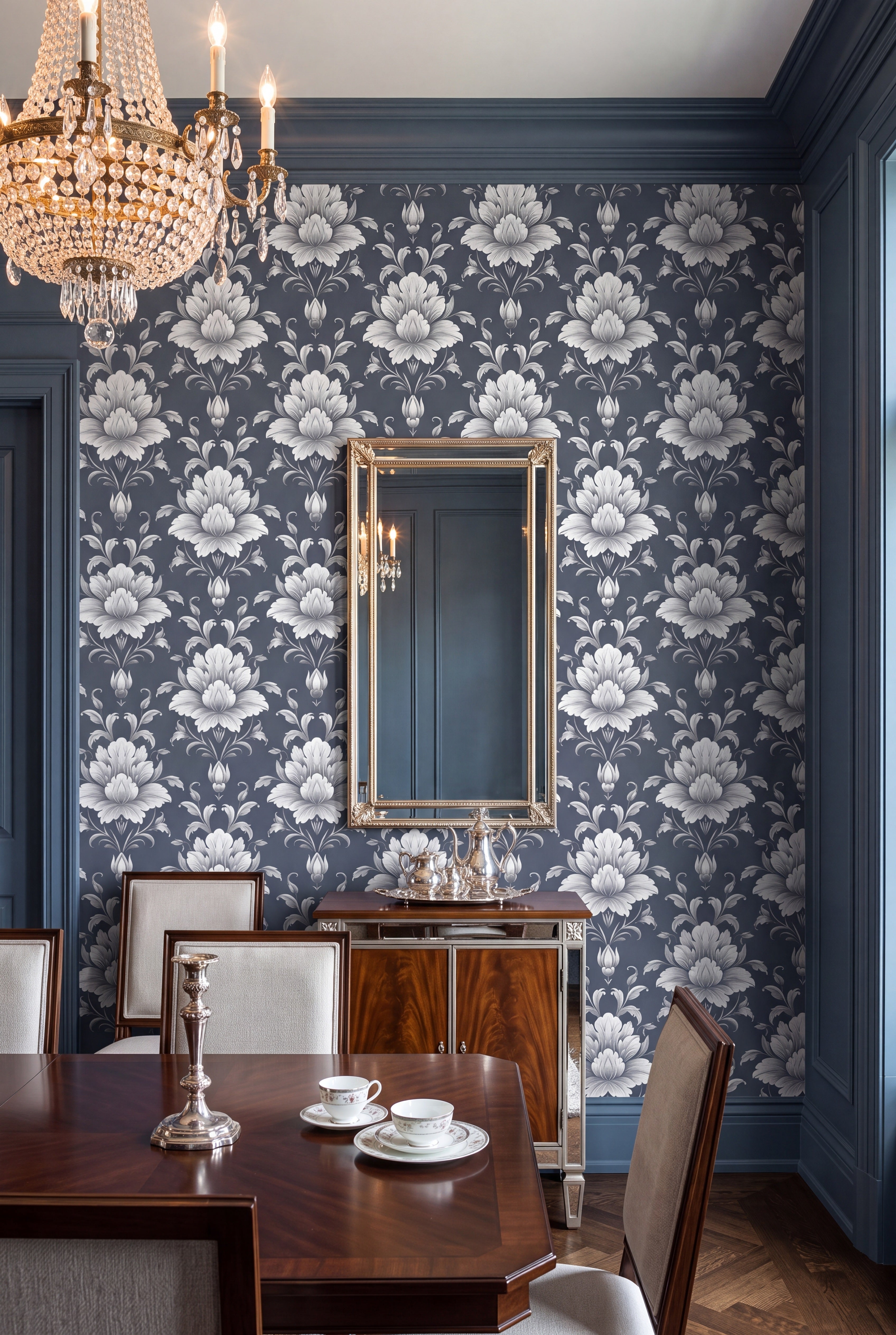 Sterling Damask wallpaper shown in a dining room