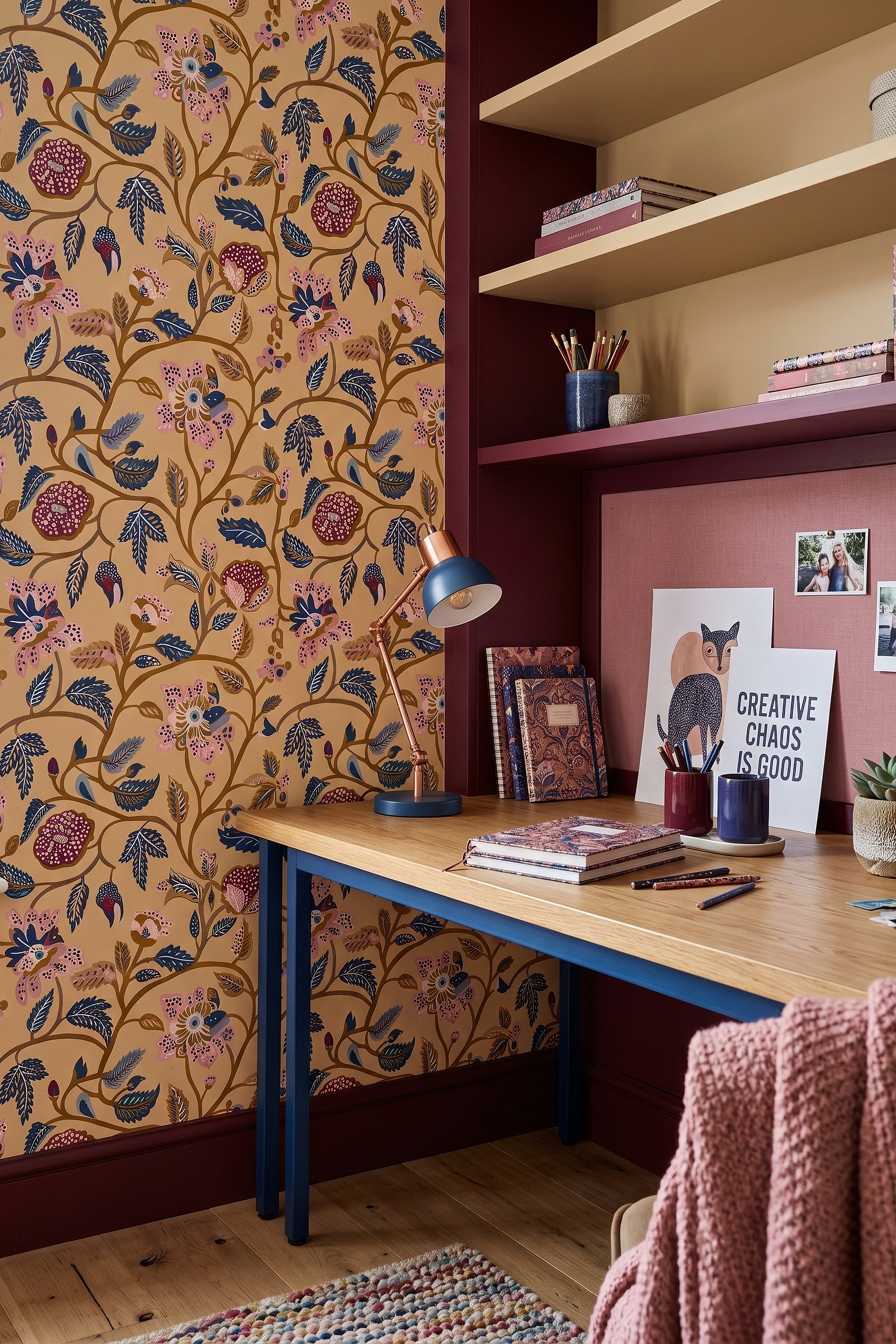 Cottage Folk wallpaper shown in a home office
