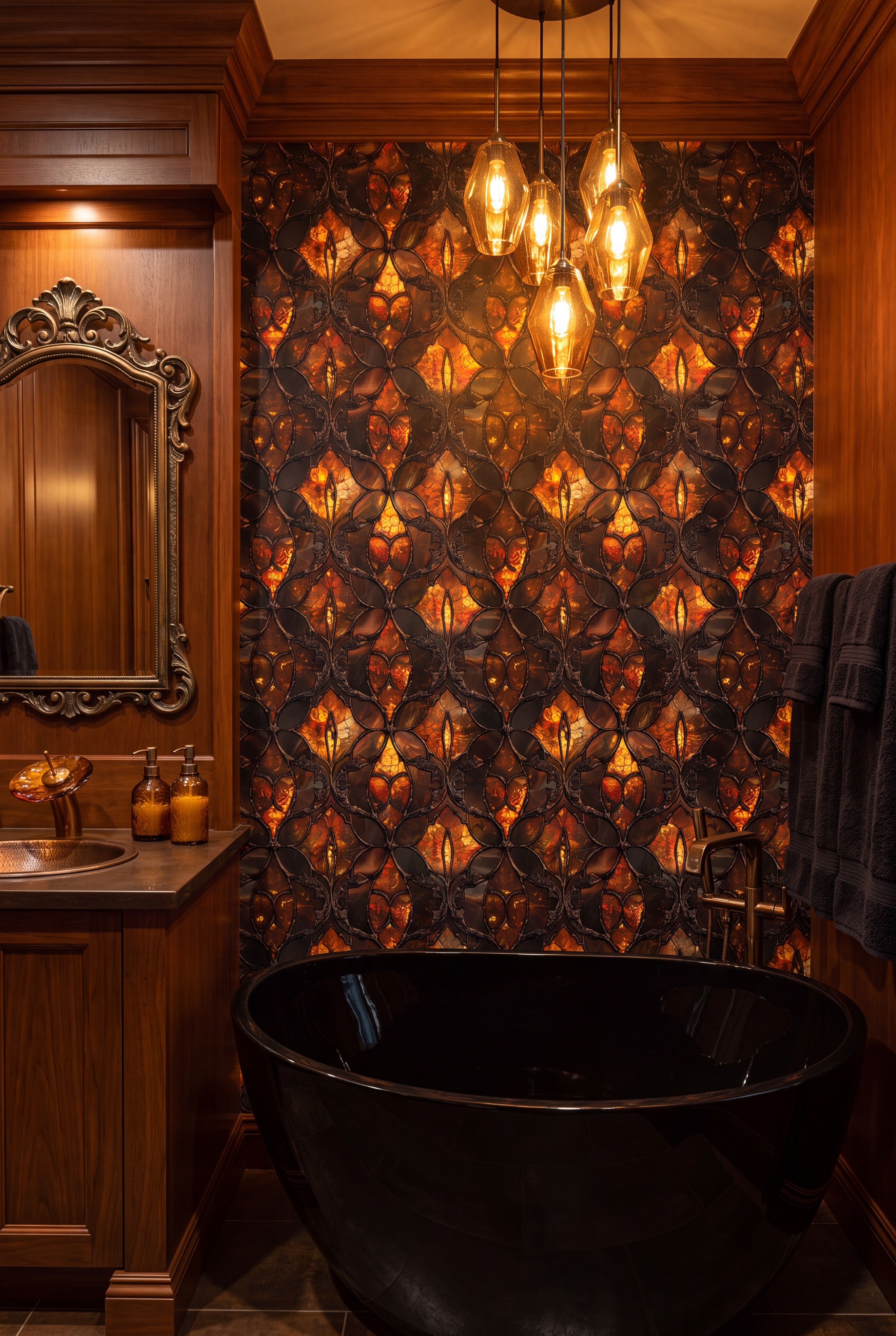 Amber Abbey wallpaper shown in a bathroom
