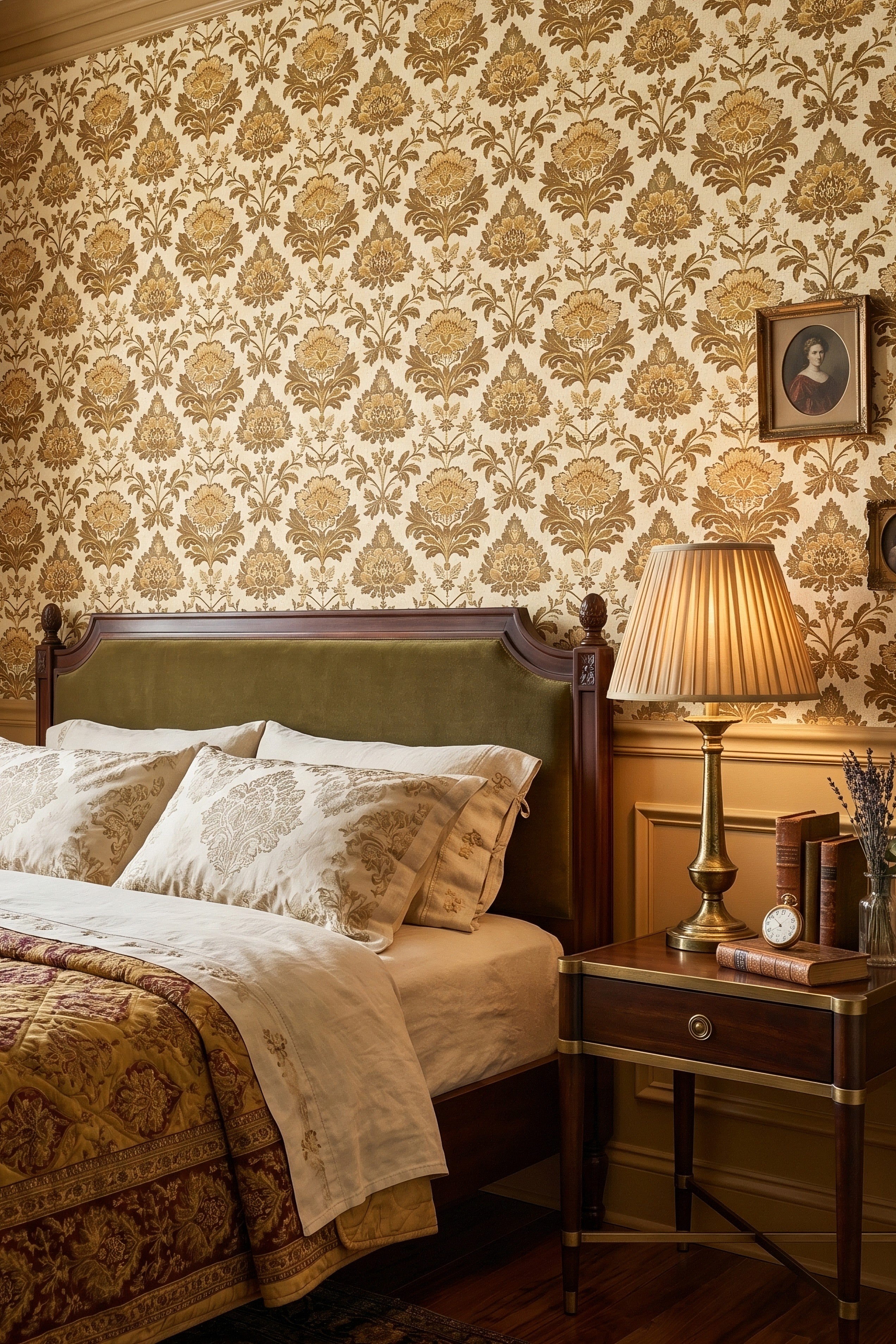 Gilded Damask wallpaper shown in a bedroom