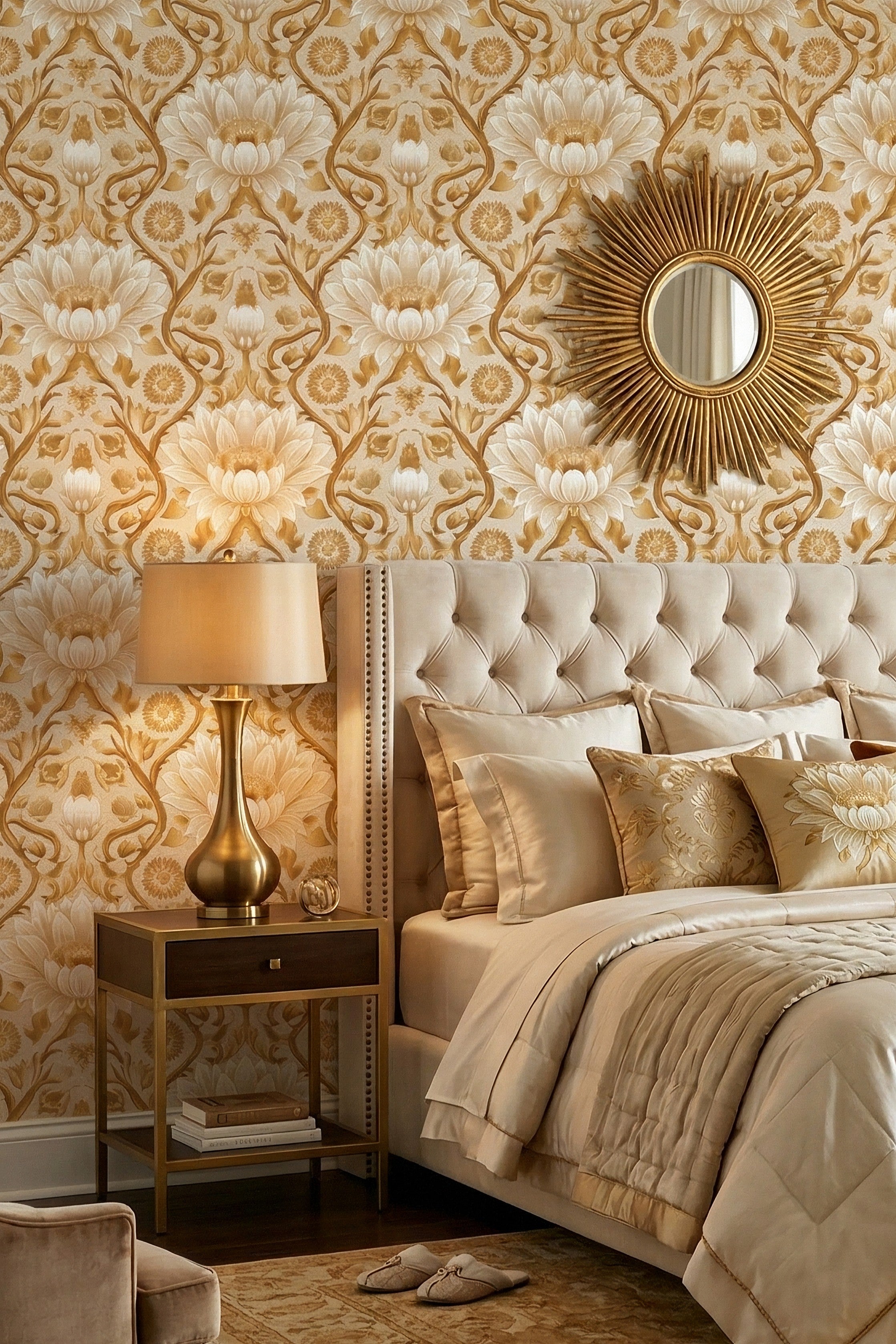 Golden Lotus wallpaper shown in a bedroom
