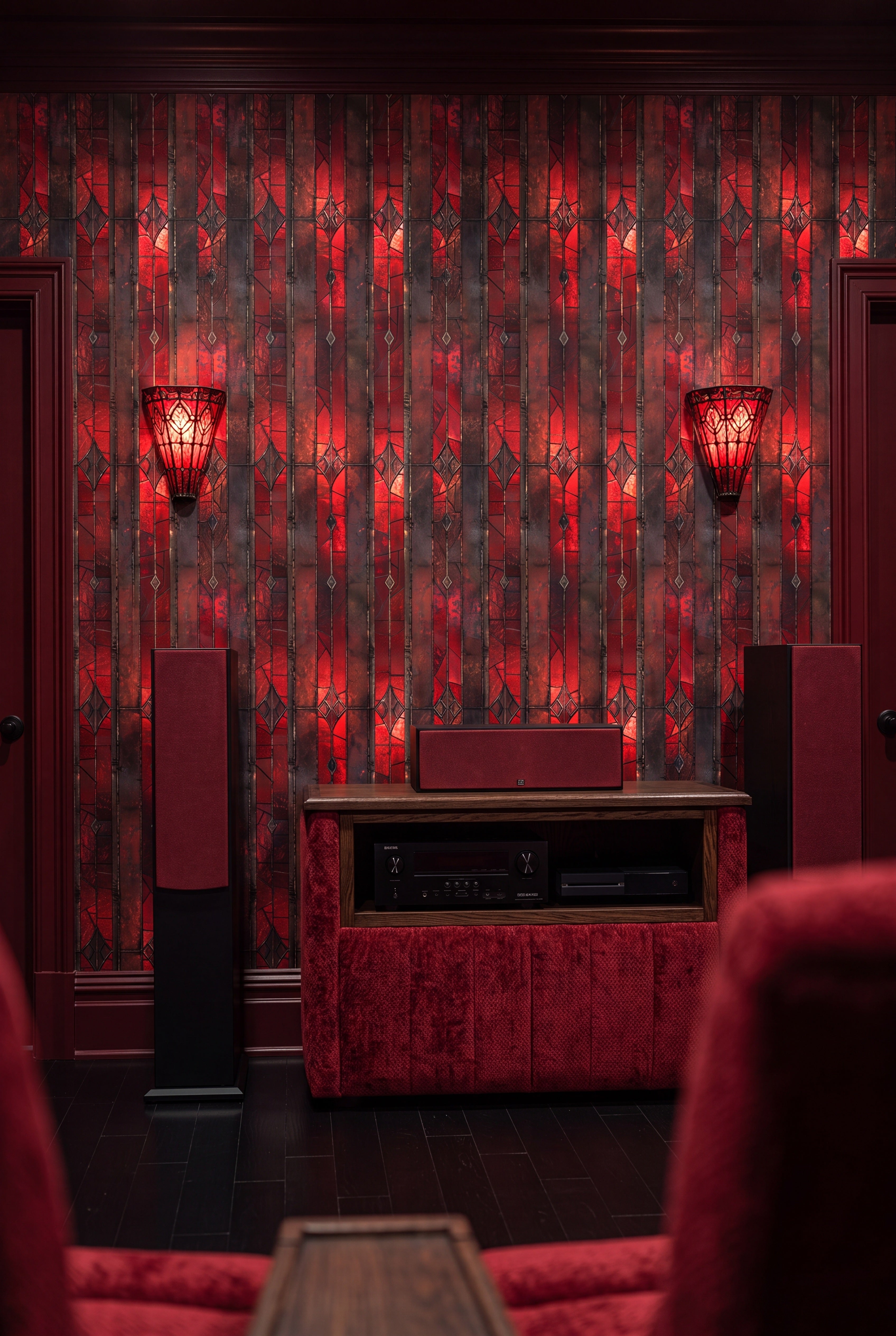 Crimson Glass wallpaper shown in a media room