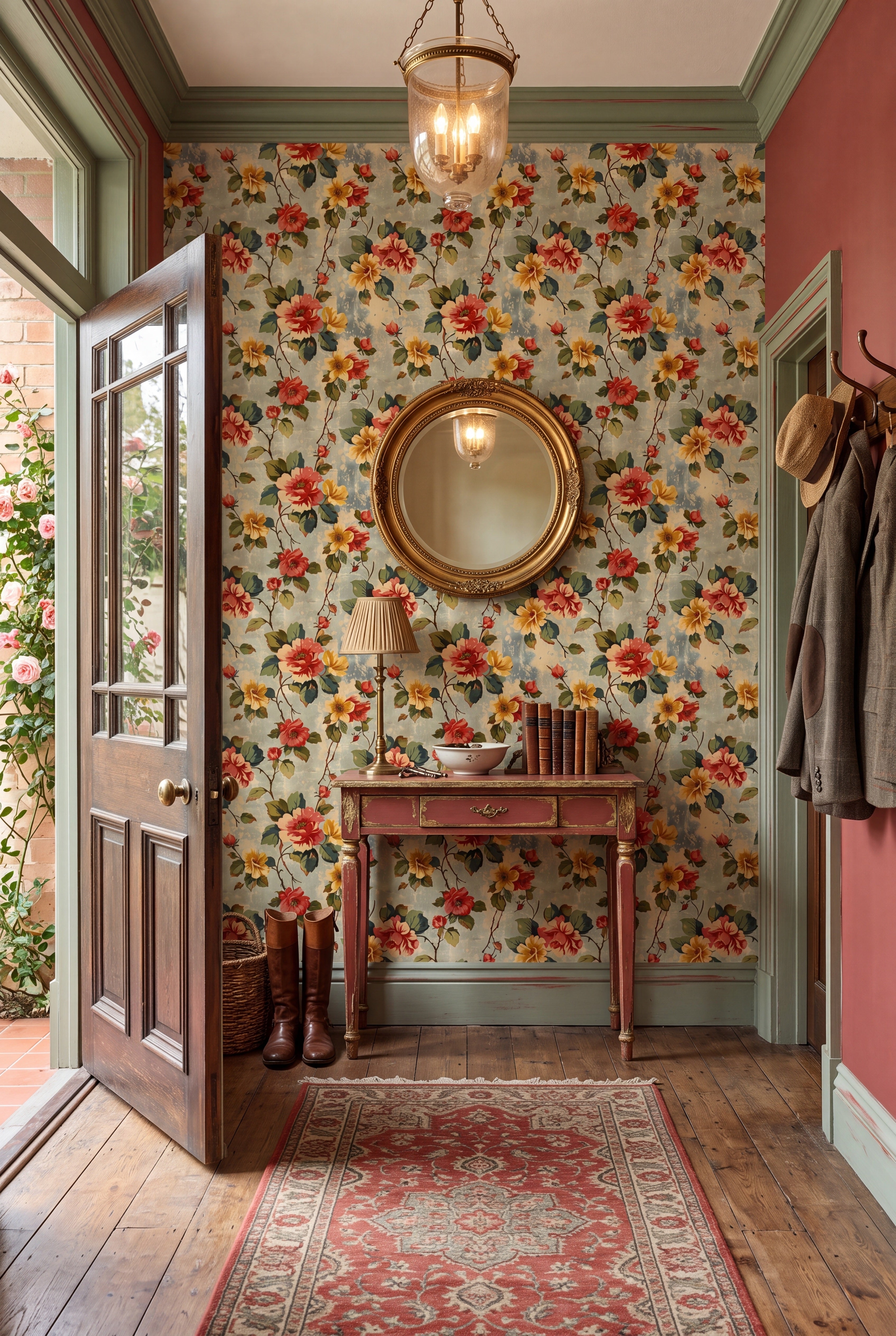 Retro Posy wallpaper shown in an entryway