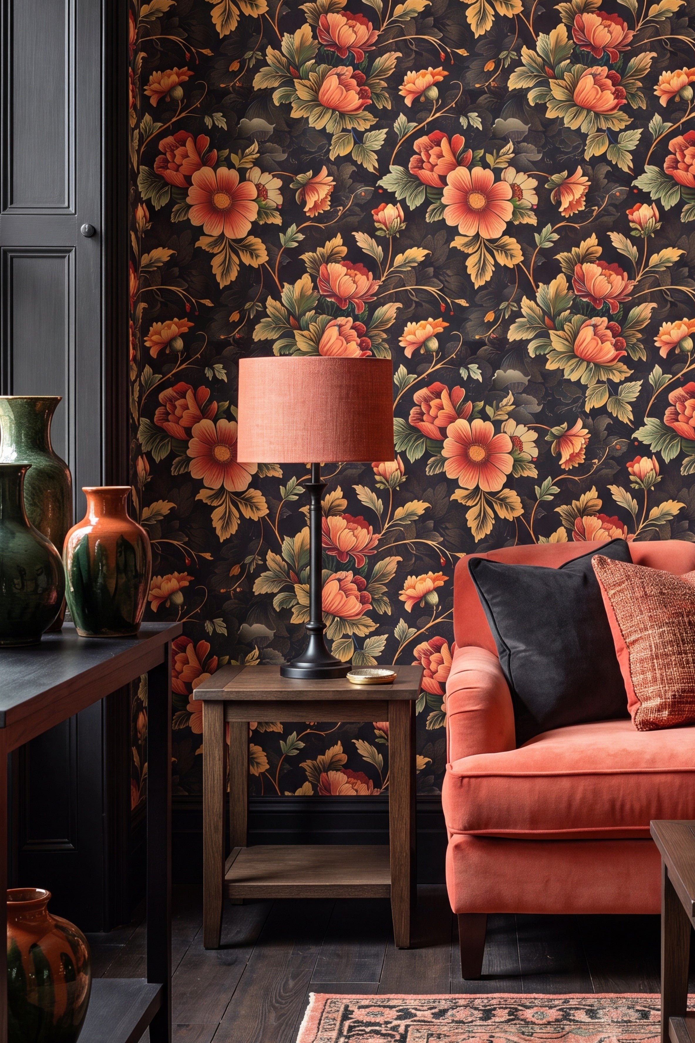 Farmstead wallpaper shown in a living room