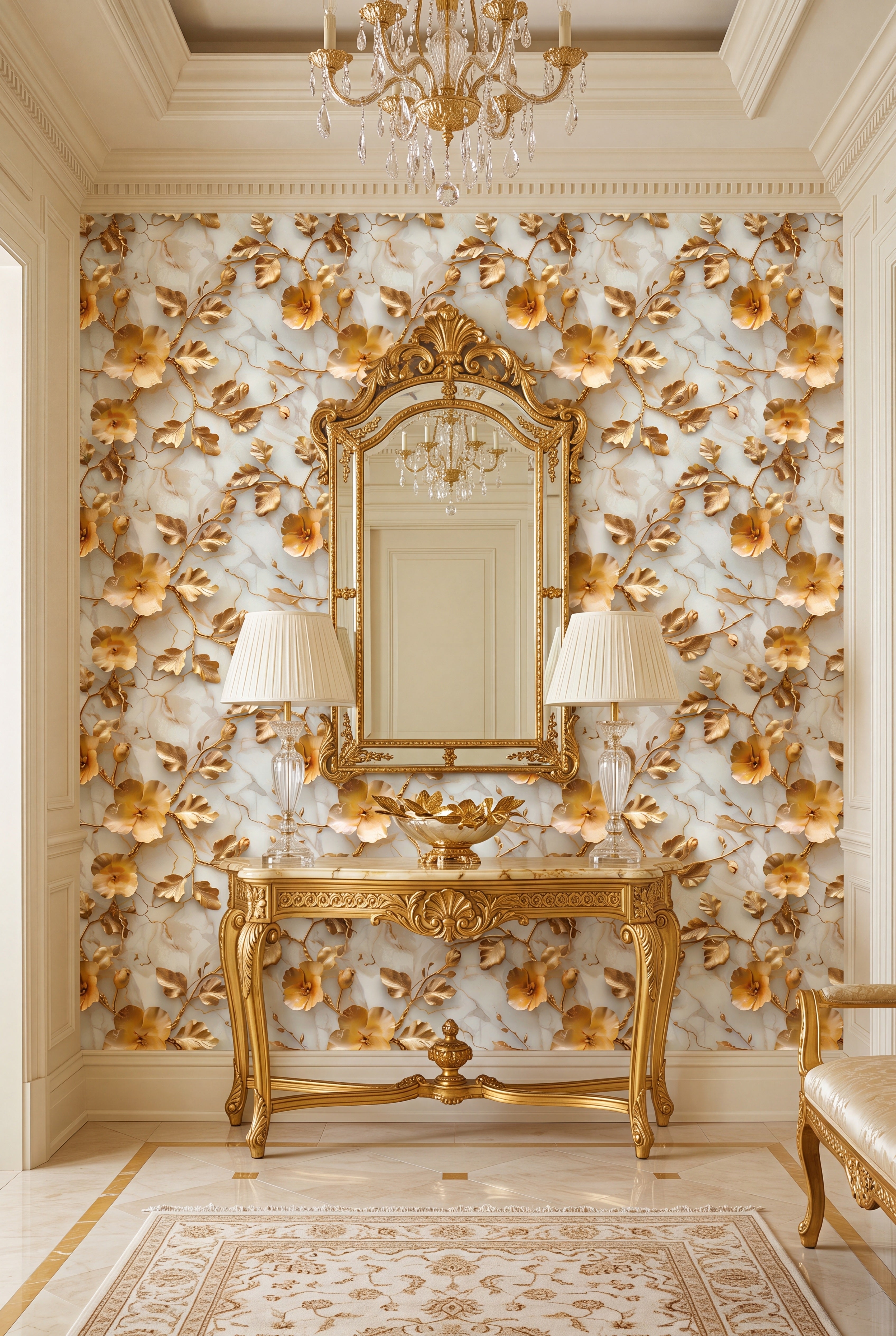 Midas Bloom wallpaper shown in an entryway