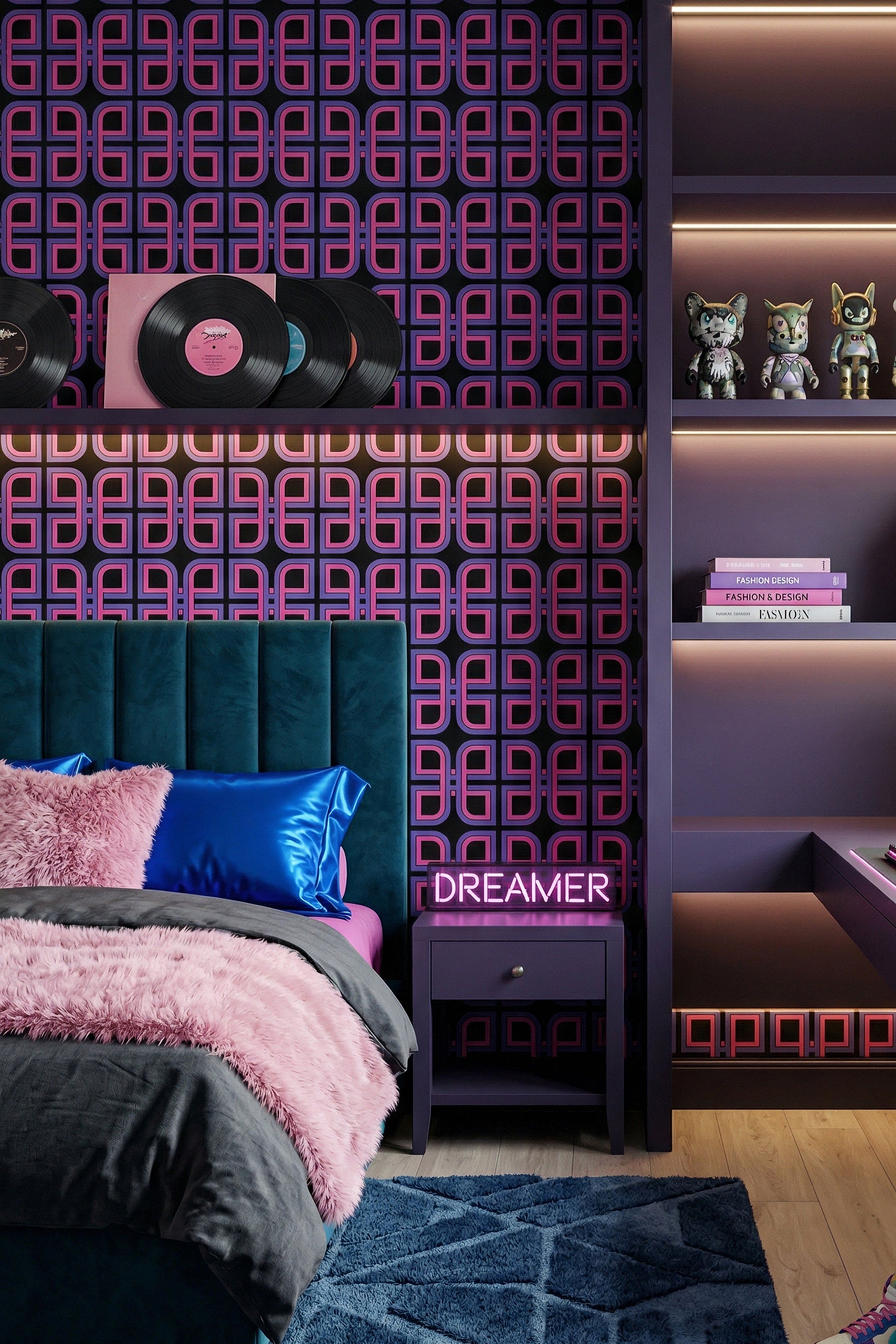 Midnight Grid wallpaper shown in a bedroom