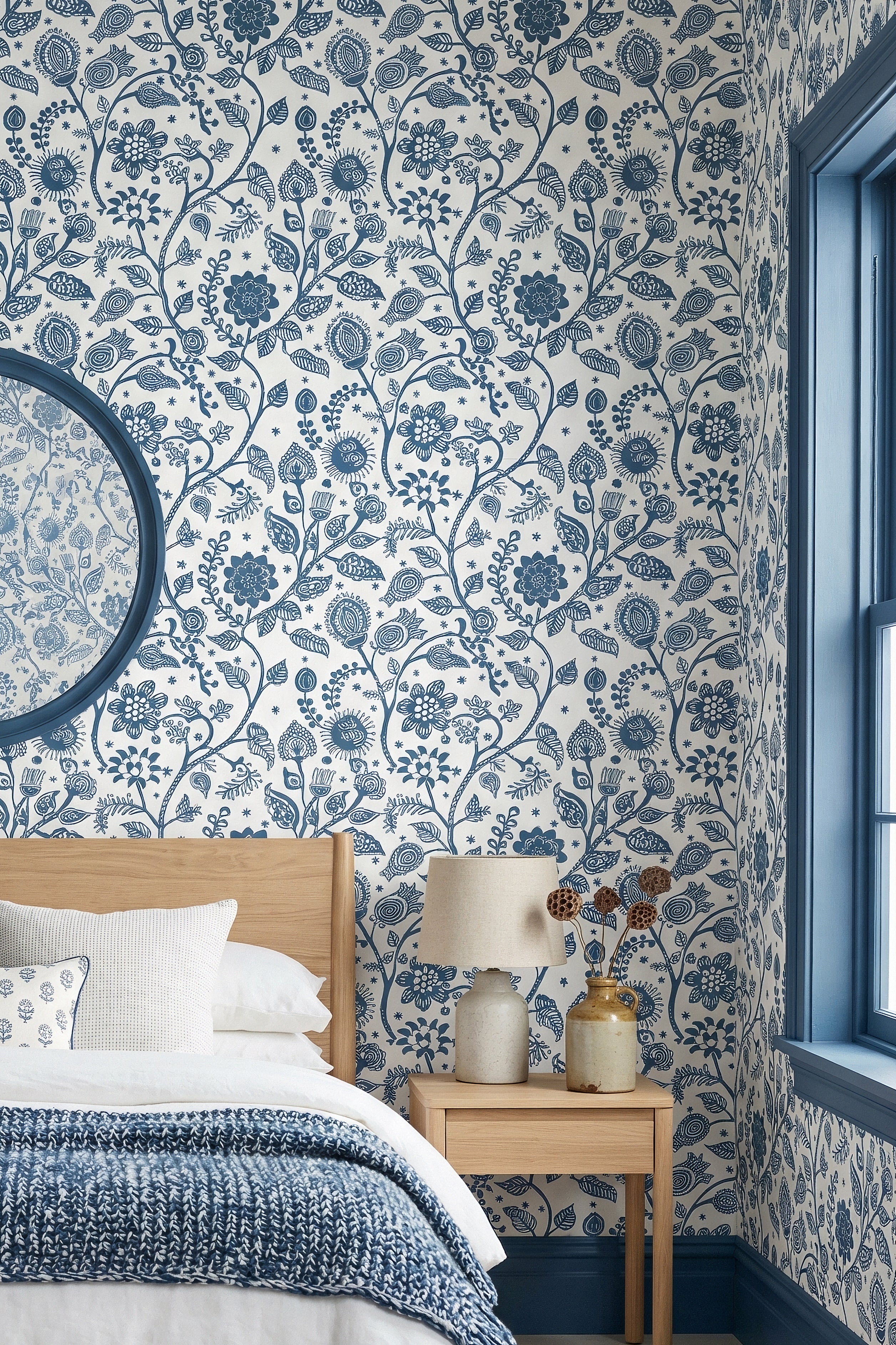 Blue Folk wallpaper shown in a bedroom