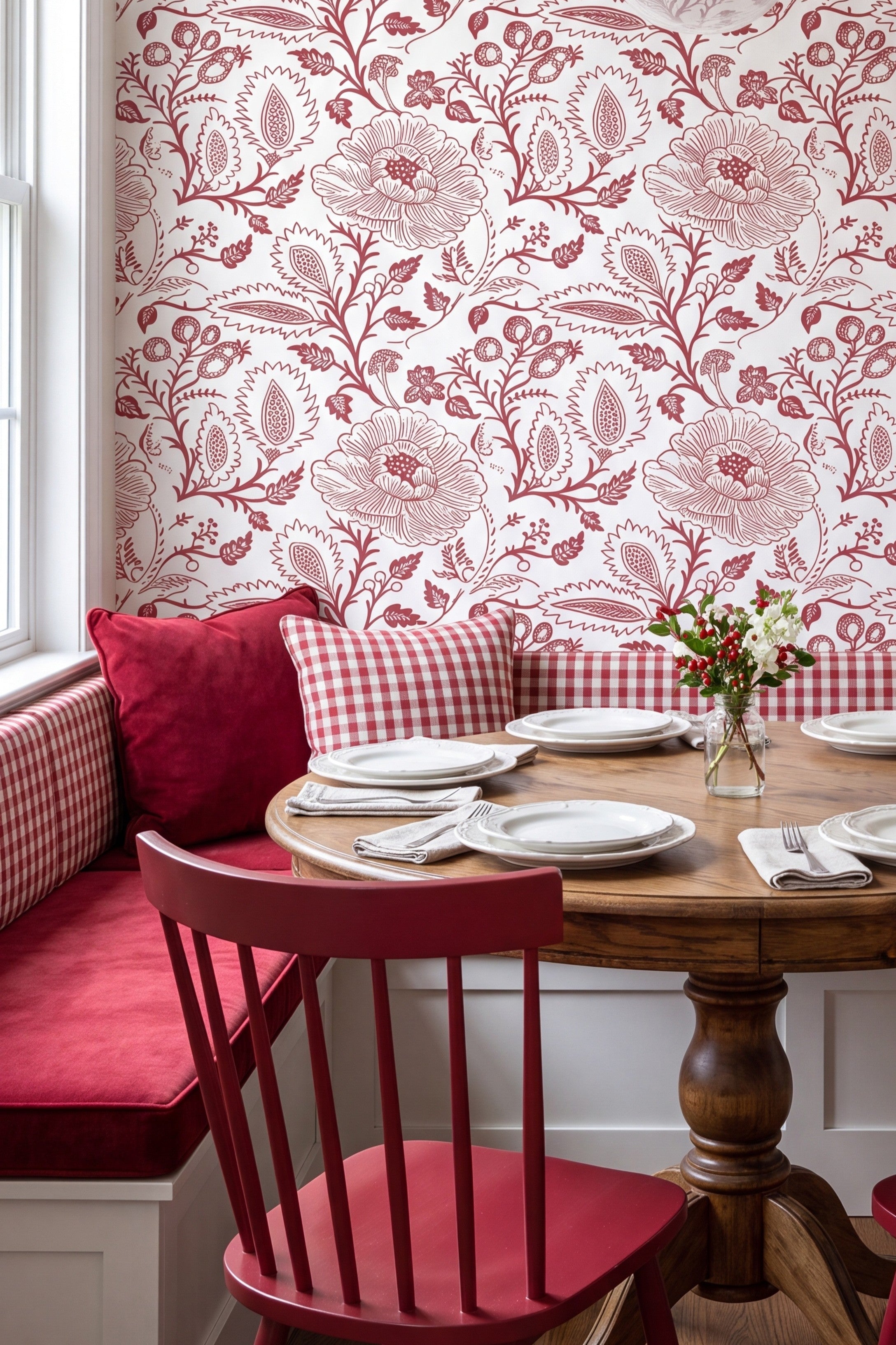 Scarlet Folk wallpaper shown in a cozy nook