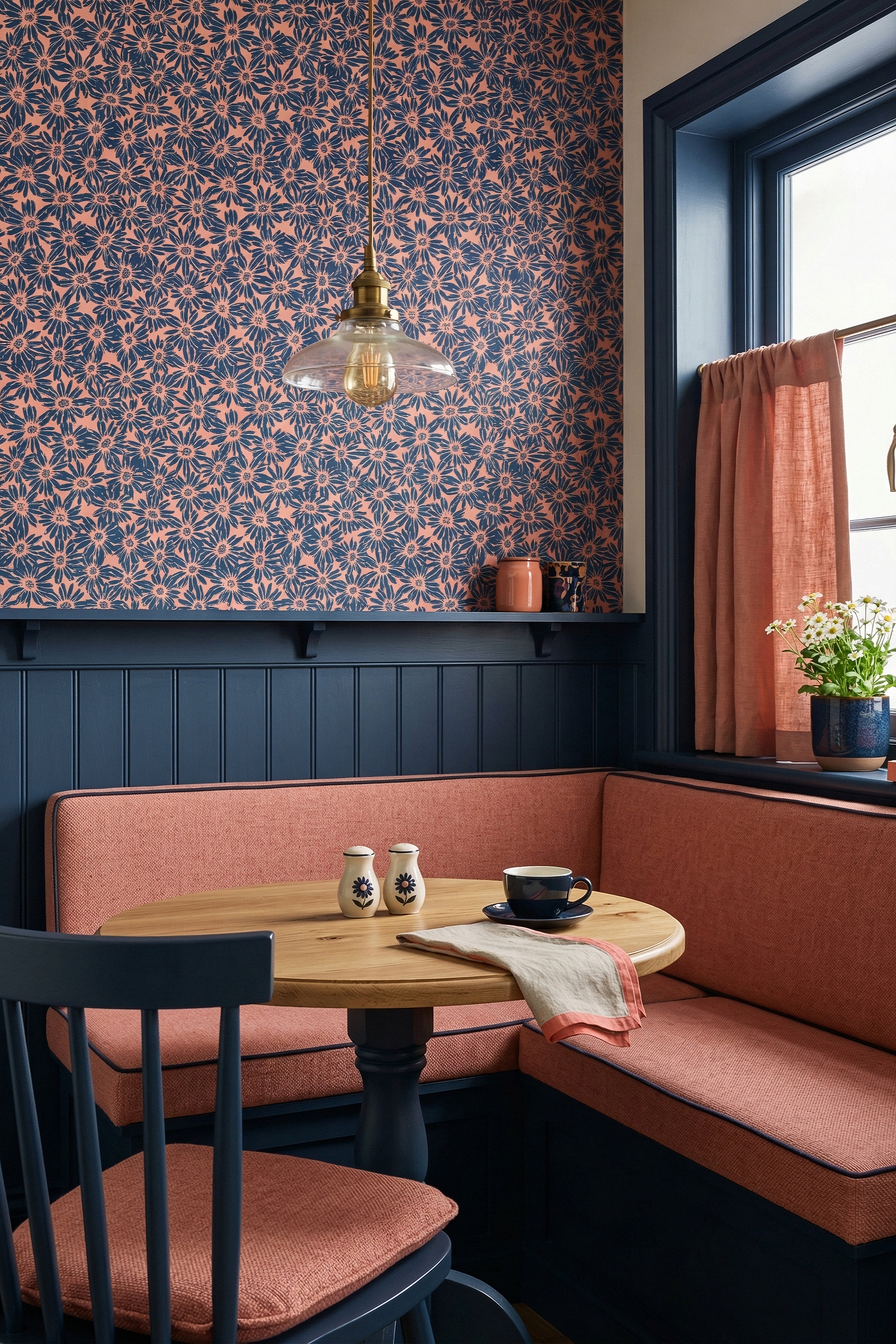 Daisy Jam wallpaper shown in a cozy nook