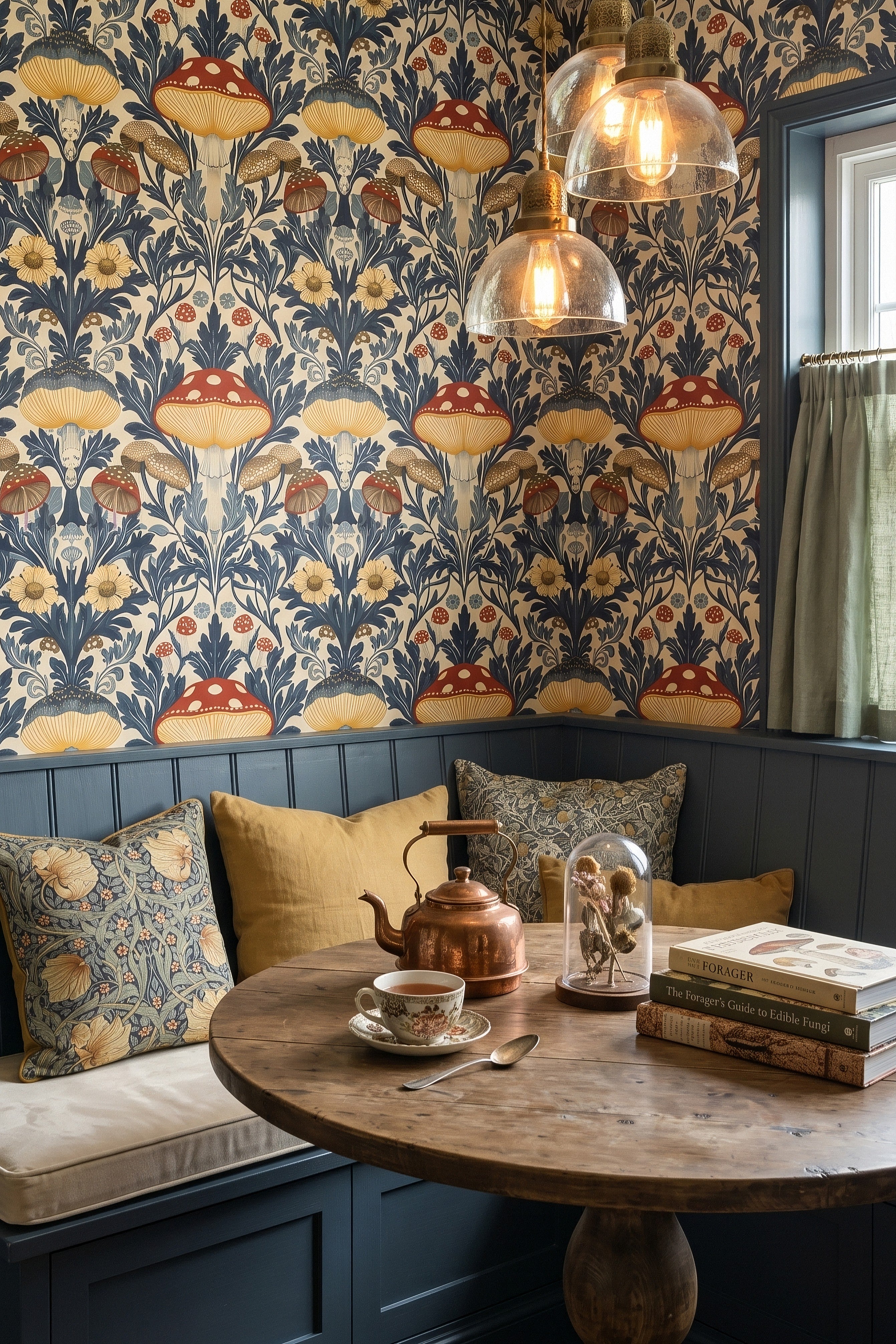 Toadstool Tapestry wallpaper shown in a cozy nook