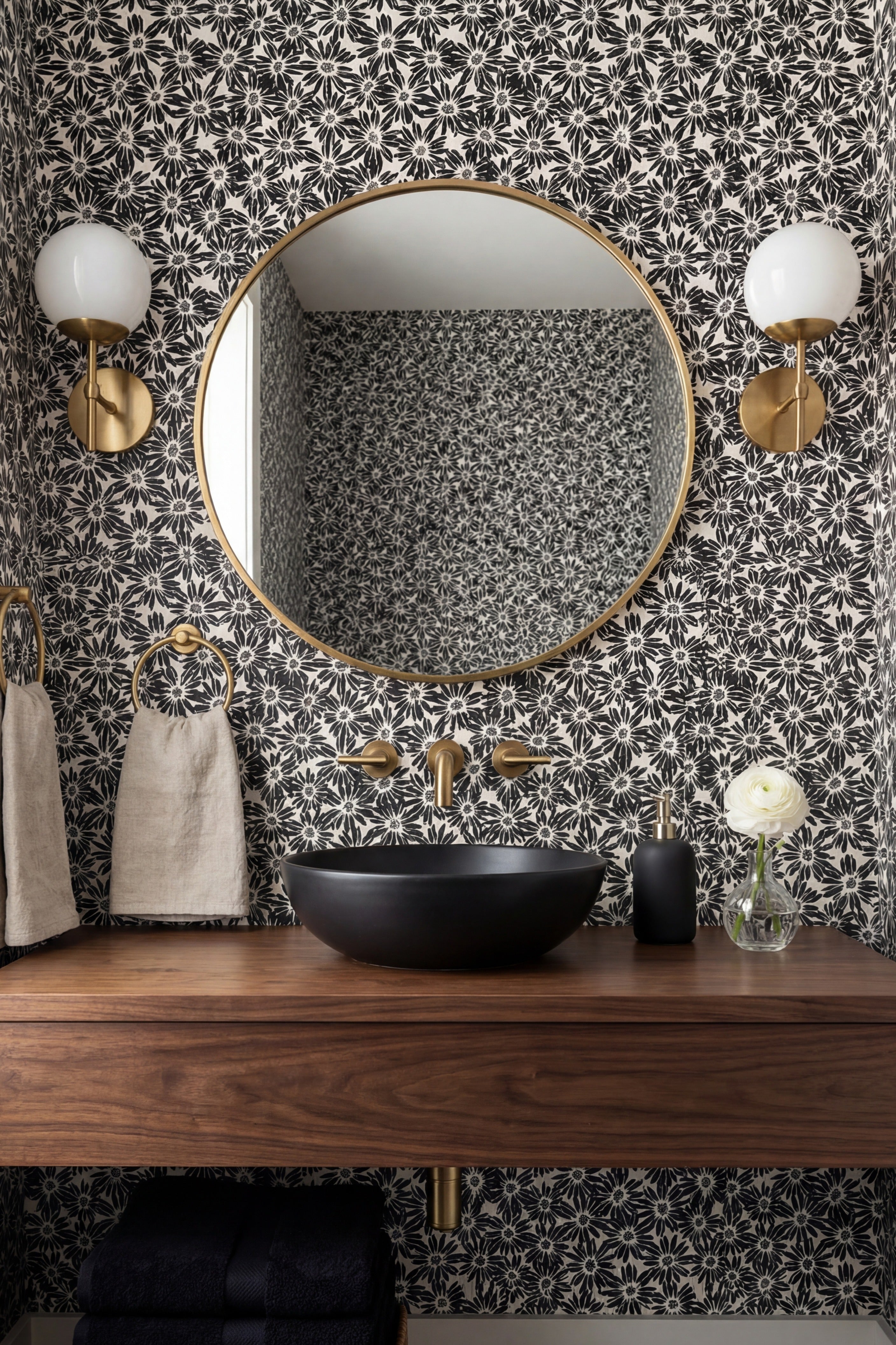 Daisy Noir wallpaper shown in a powder room
