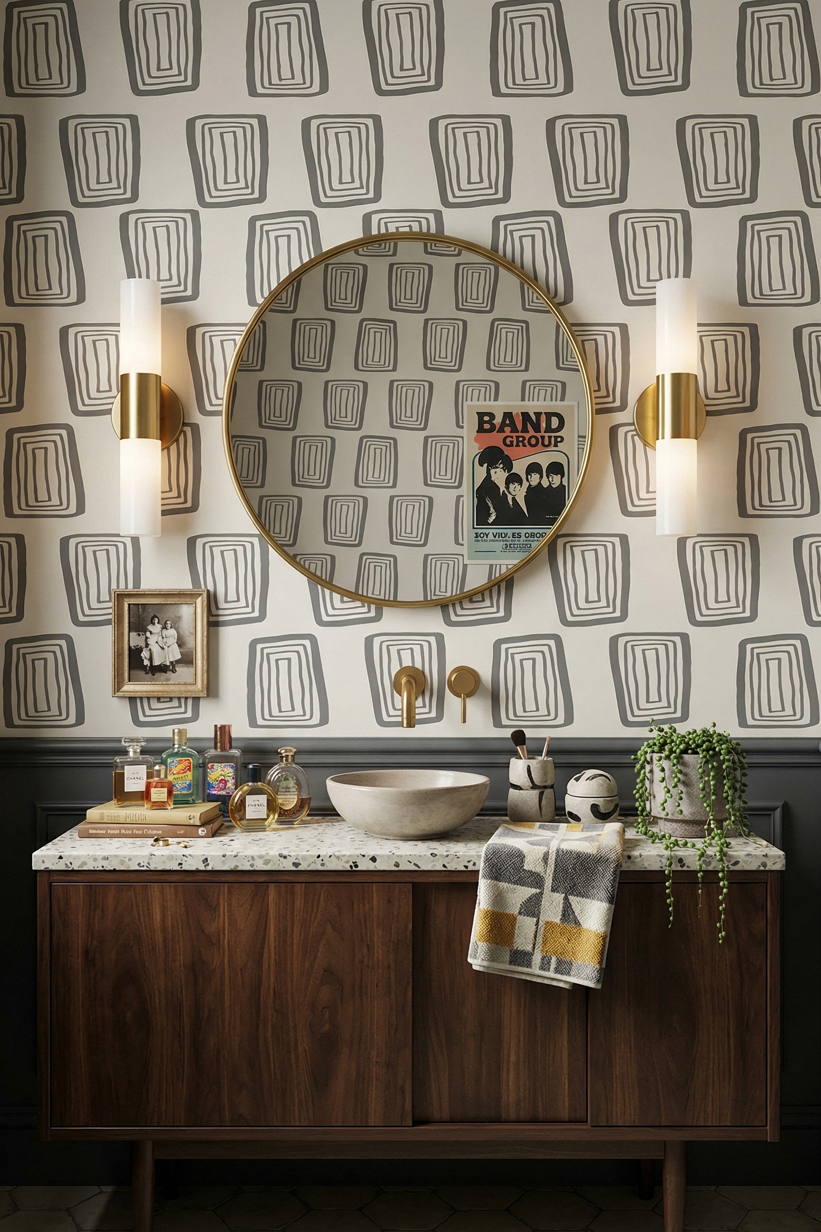 Grayscale Mod wallpaper shown in a powder room