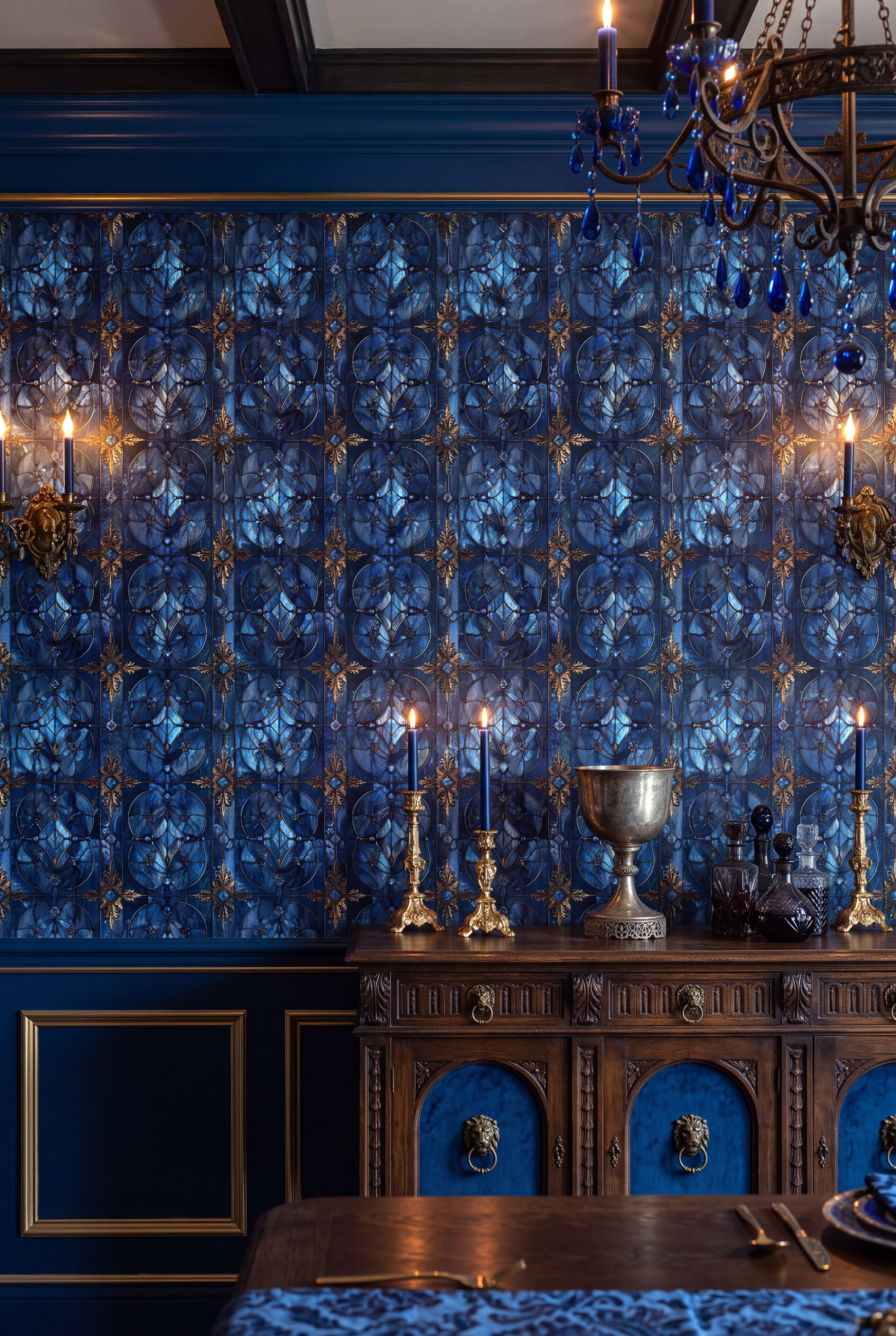 Cathedral Blue wallpaper shown in a dining room
