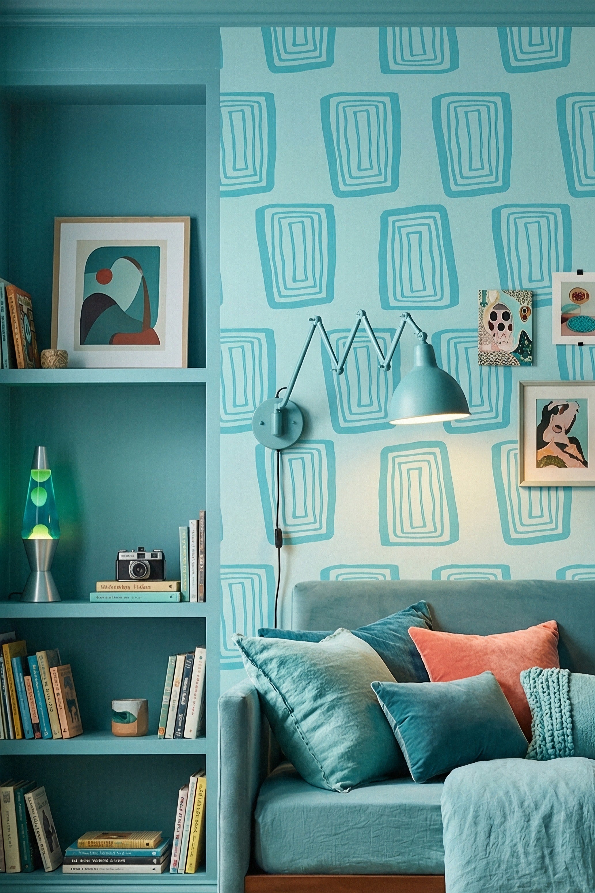 Aqua Blocks wallpaper shown in a living room