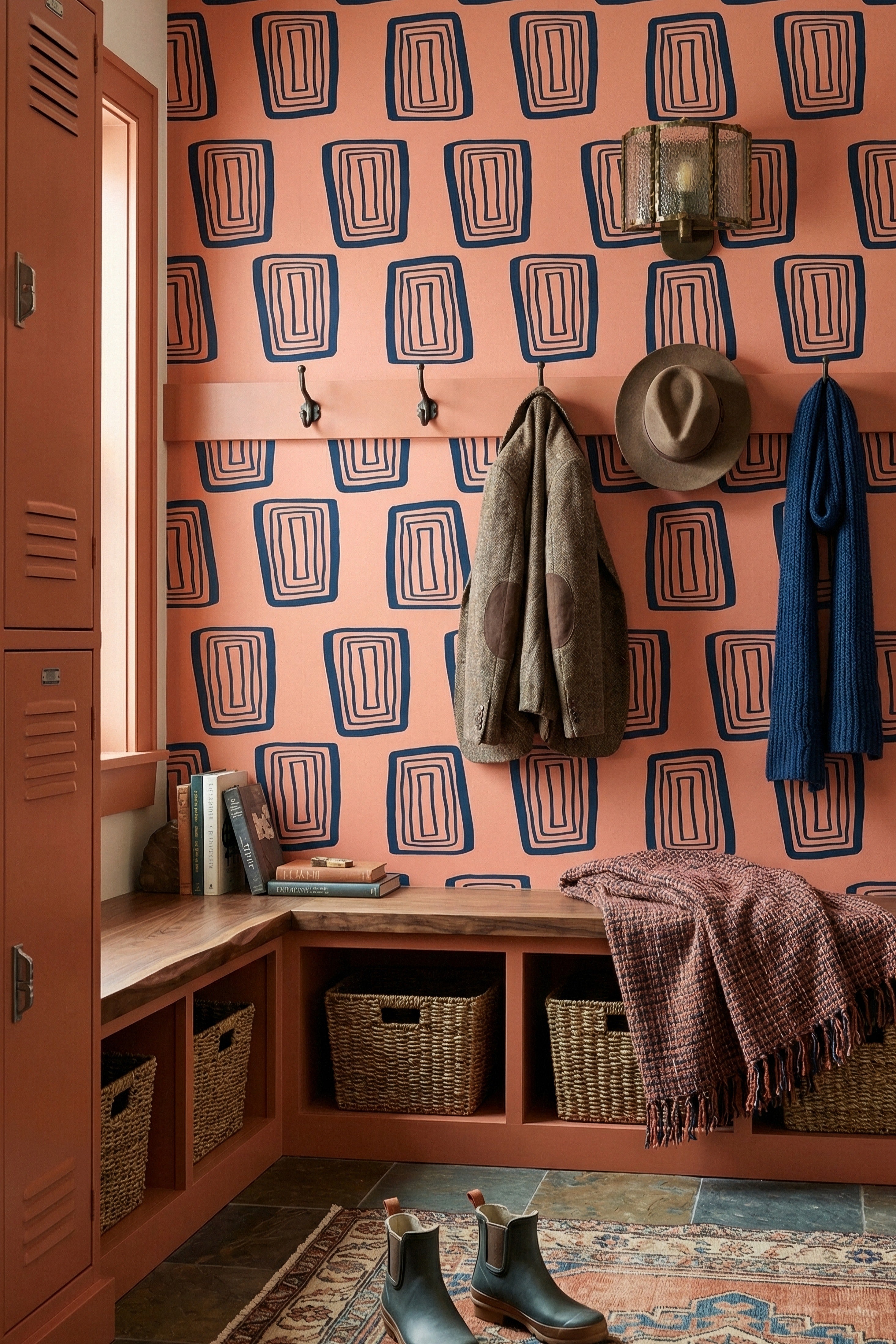 Coral Groove wallpaper shown in a mudroom